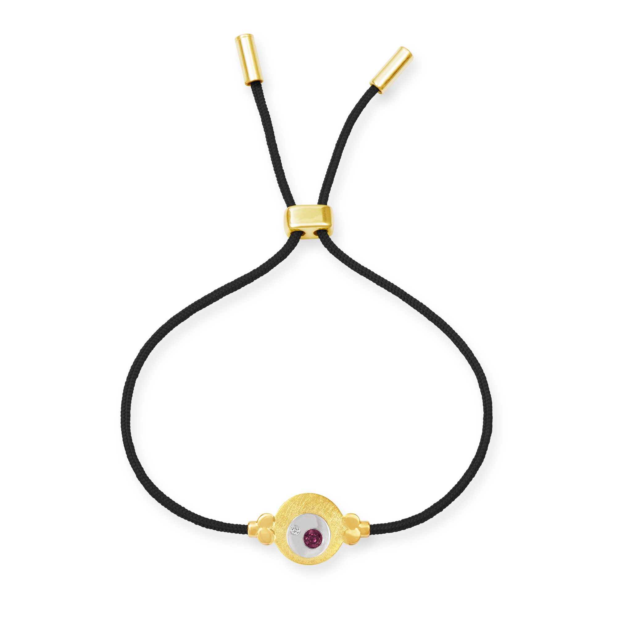 Zartes Armband aus einer Seidenschnur (Farbe Schwarz) mit einem runden Mittelteil aus 585 Gelbgold, darauf ein Kreis aus 585 Weißgold, besetzt mit einem Rubin und einem Brillant. Variabler Zugverschluss.