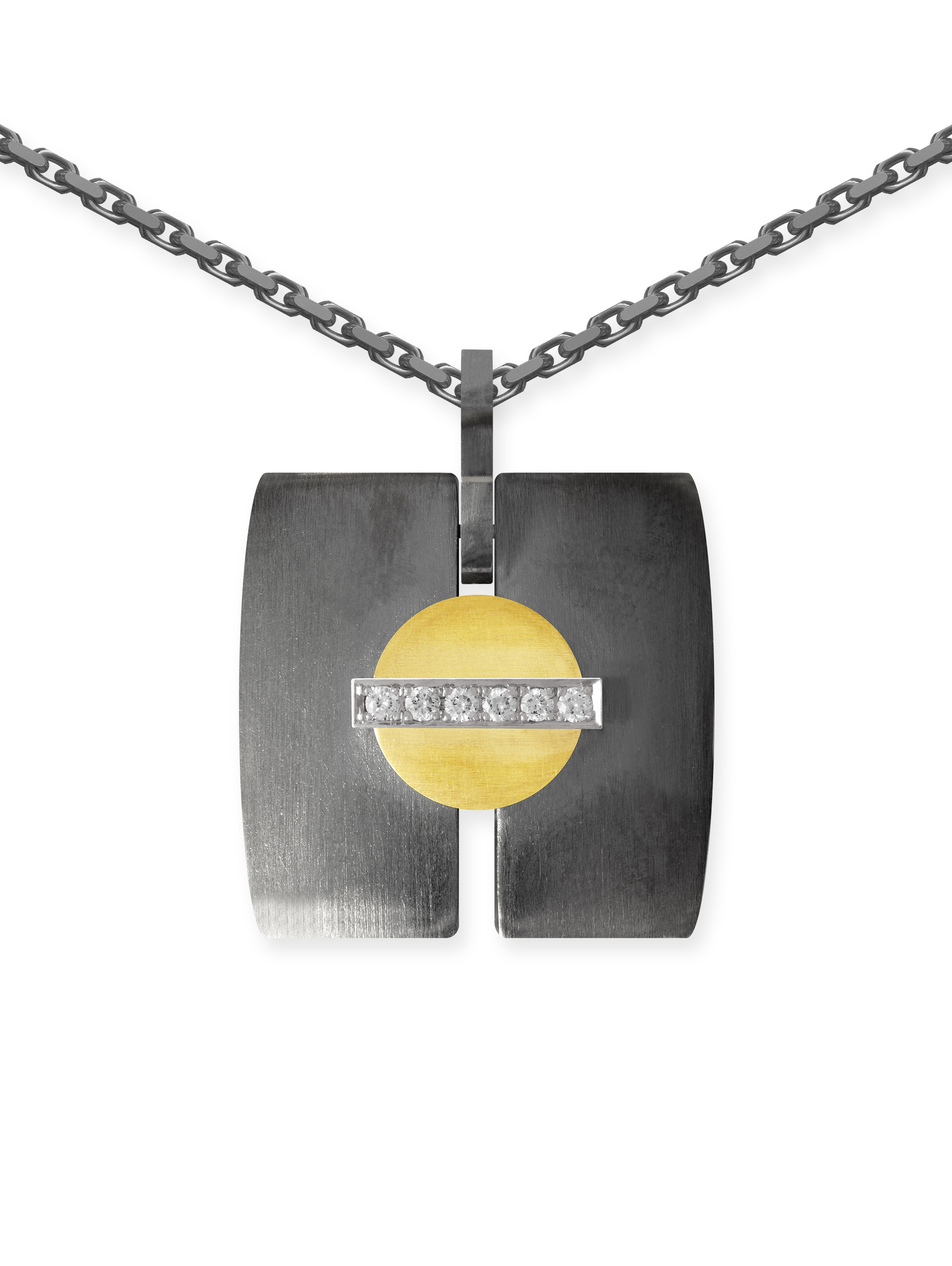 Anhänger quadratisch aus 925 Silber geschwärzt darauf ein Kreis aus 750 Gelbgold (18 Karat) und 750 Weißgold (18 Karat) mit 6 Brillanten. Vorderansicht.