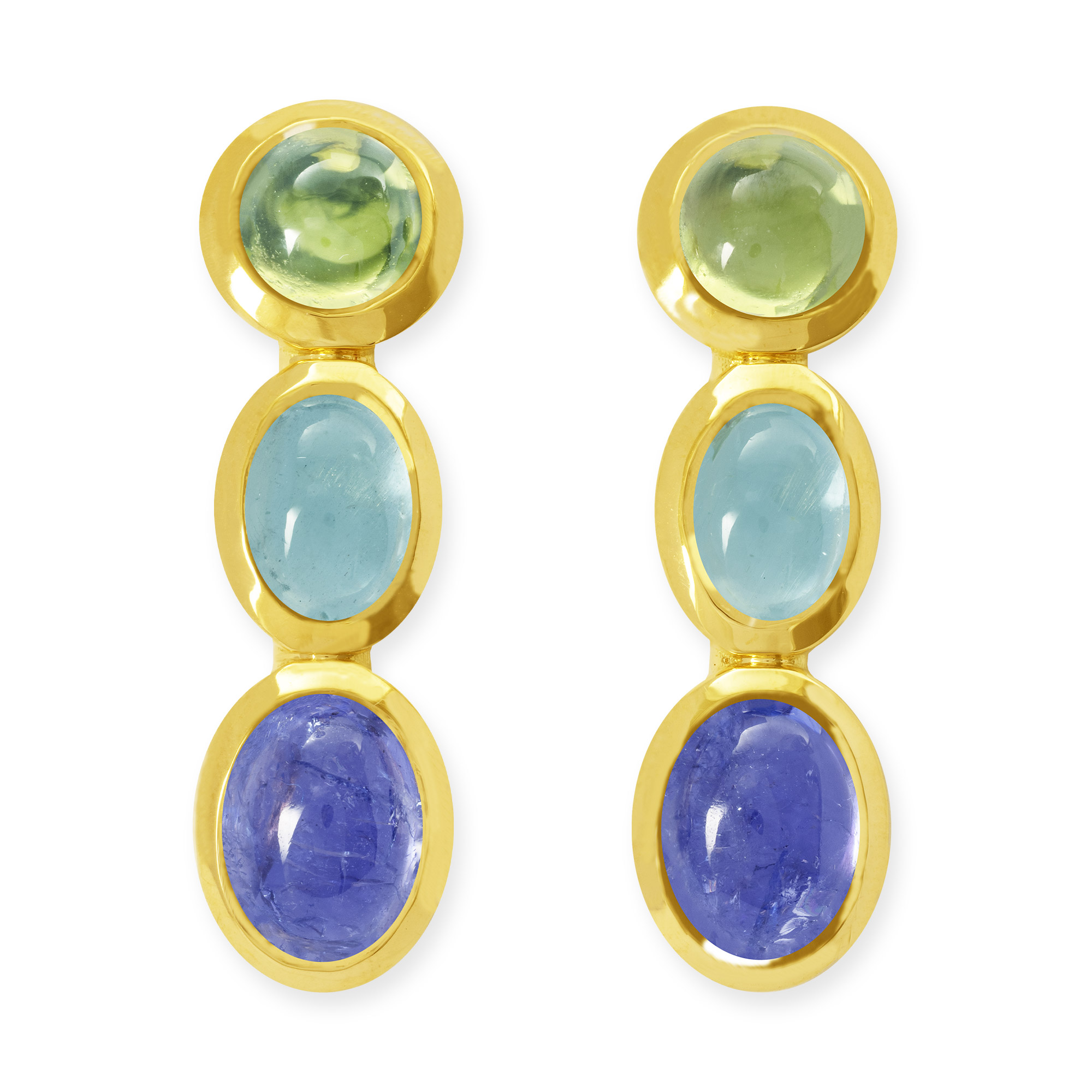 Ohrstecker mit Peridot Aquamarin und Tansanit aus Gelbgold