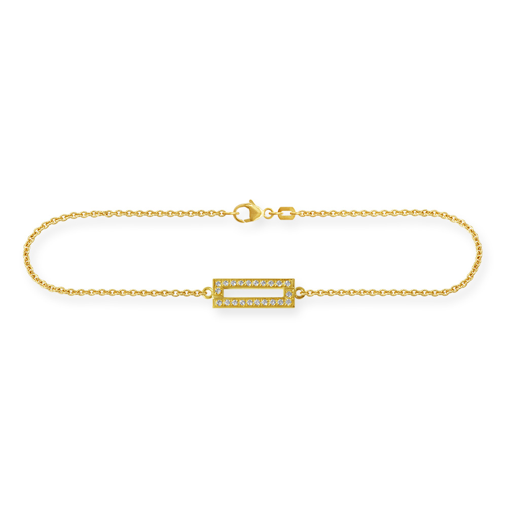 Feines Gliederarmband aus 750 Gelbgold (18 Karat) mit einem Rechteck, das mit 22 Brillanten besetzt ist. Das Armband hat einen Karabinerverschluss.