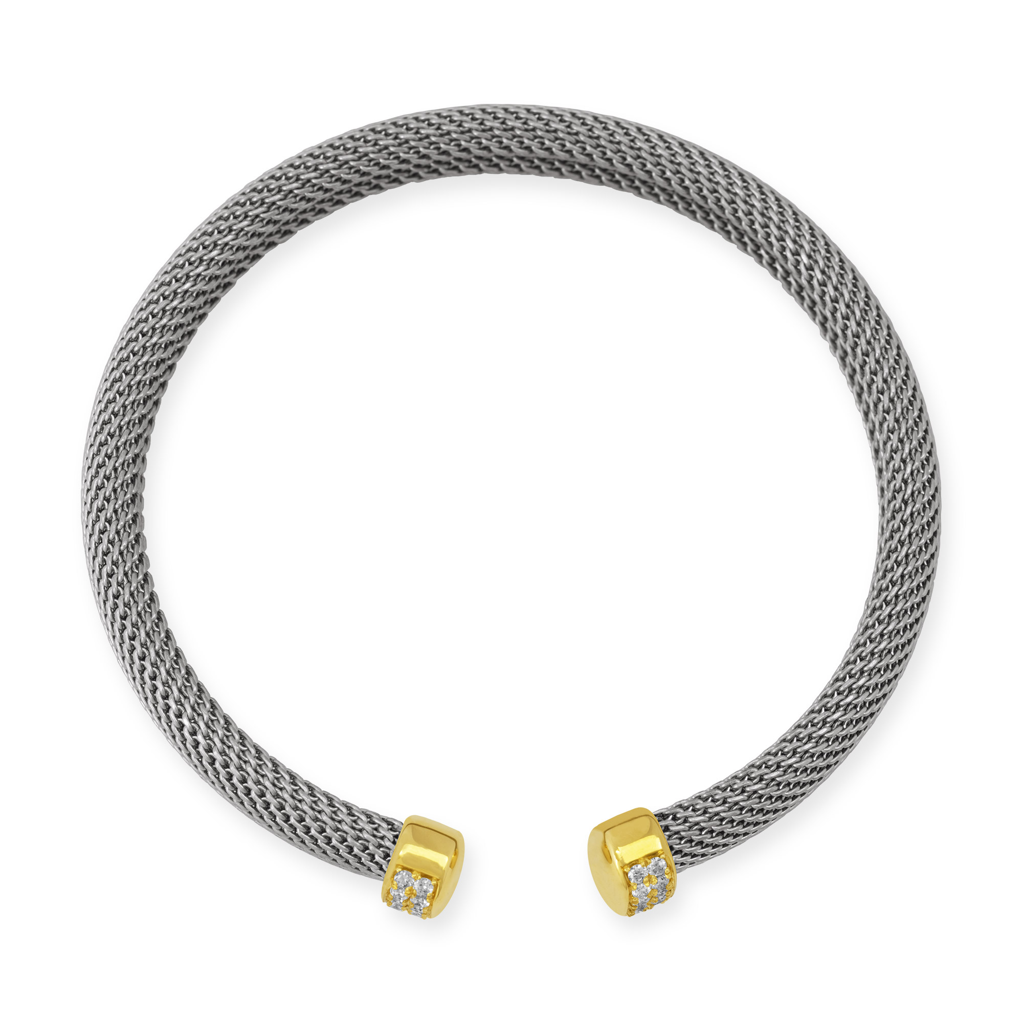 Armspange aus Edelstahl in Mesh-Technik mit Abschluss-Elementen in 750 Gelbgold (18 Karat), die mit 28 Brillanten besetzt sind. Ansicht von oben