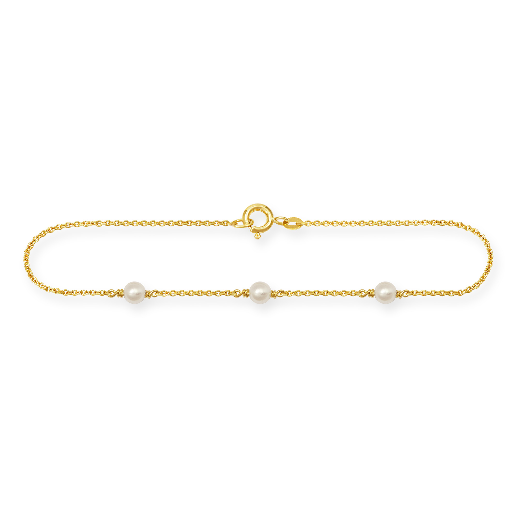 Feines Gliederarmband aus 750/Gelbgold mit 3 Süßwasserperlen. Verschluss Federring.