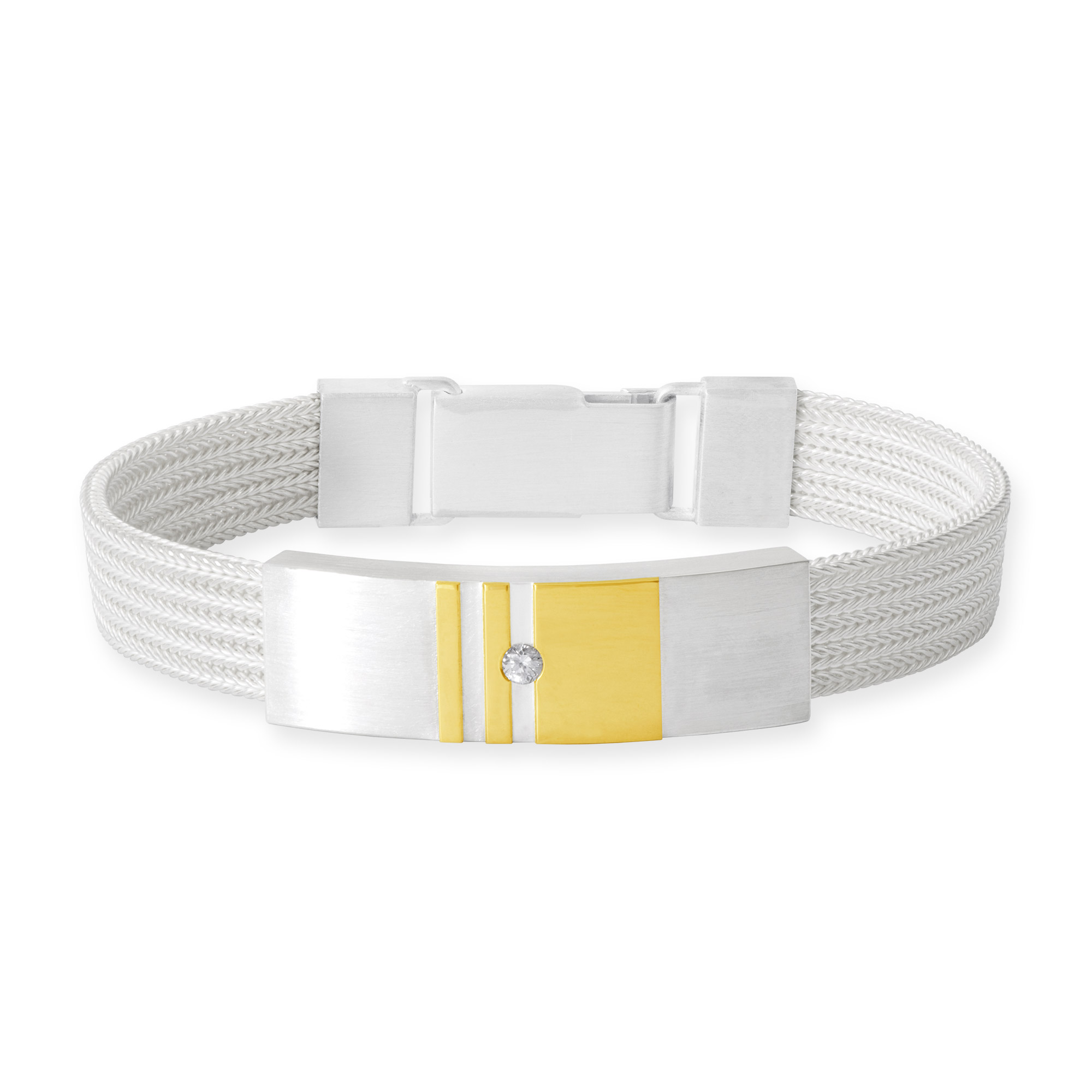 Milanaise-Armband aus 925 Silber mit Verzierungen aus 750 Gelbgold (18 Karat), 900 Gelbgold und einem Brillant. Das Armband hat einen Magnetverschluss.