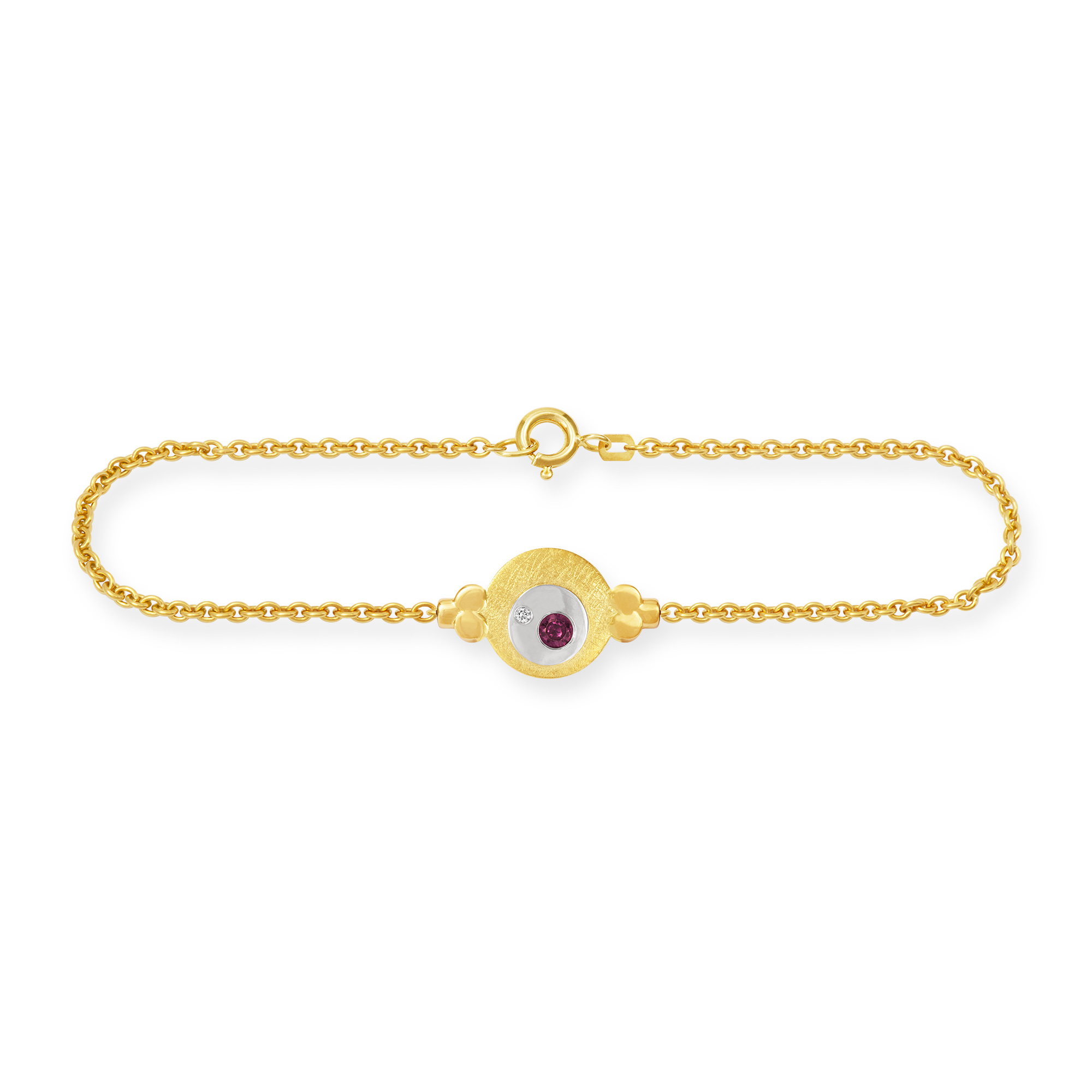 Feines Gliederarmband aus 585/Gelbgold und 585/Weissgold mit einem runden Mittelteil auf dem ein Rubin und ein Brillant plaziert sind. Verschluss Federring.