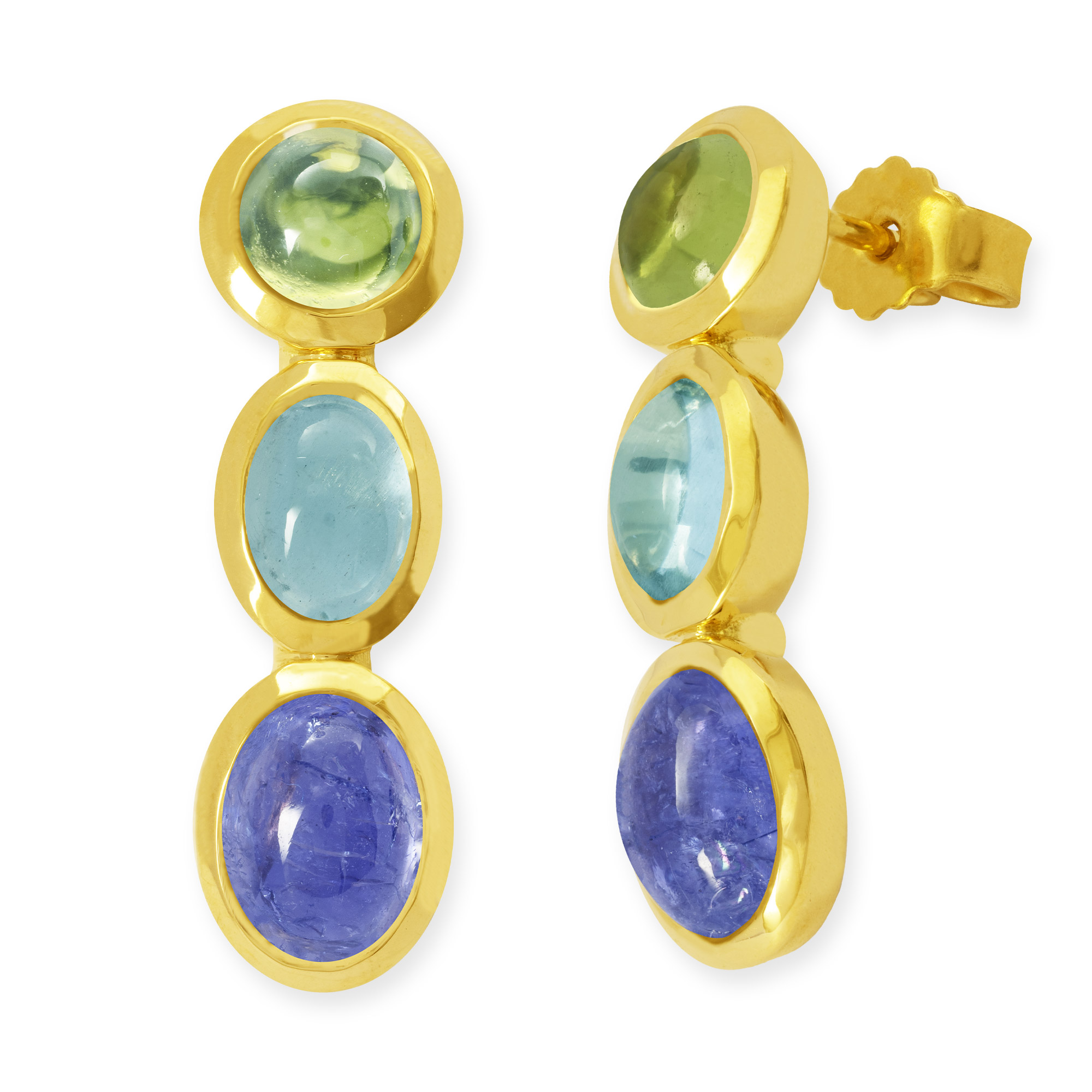 Ohrstecker mit Peridot Aquamarin und Tansanit aus Gelbgold