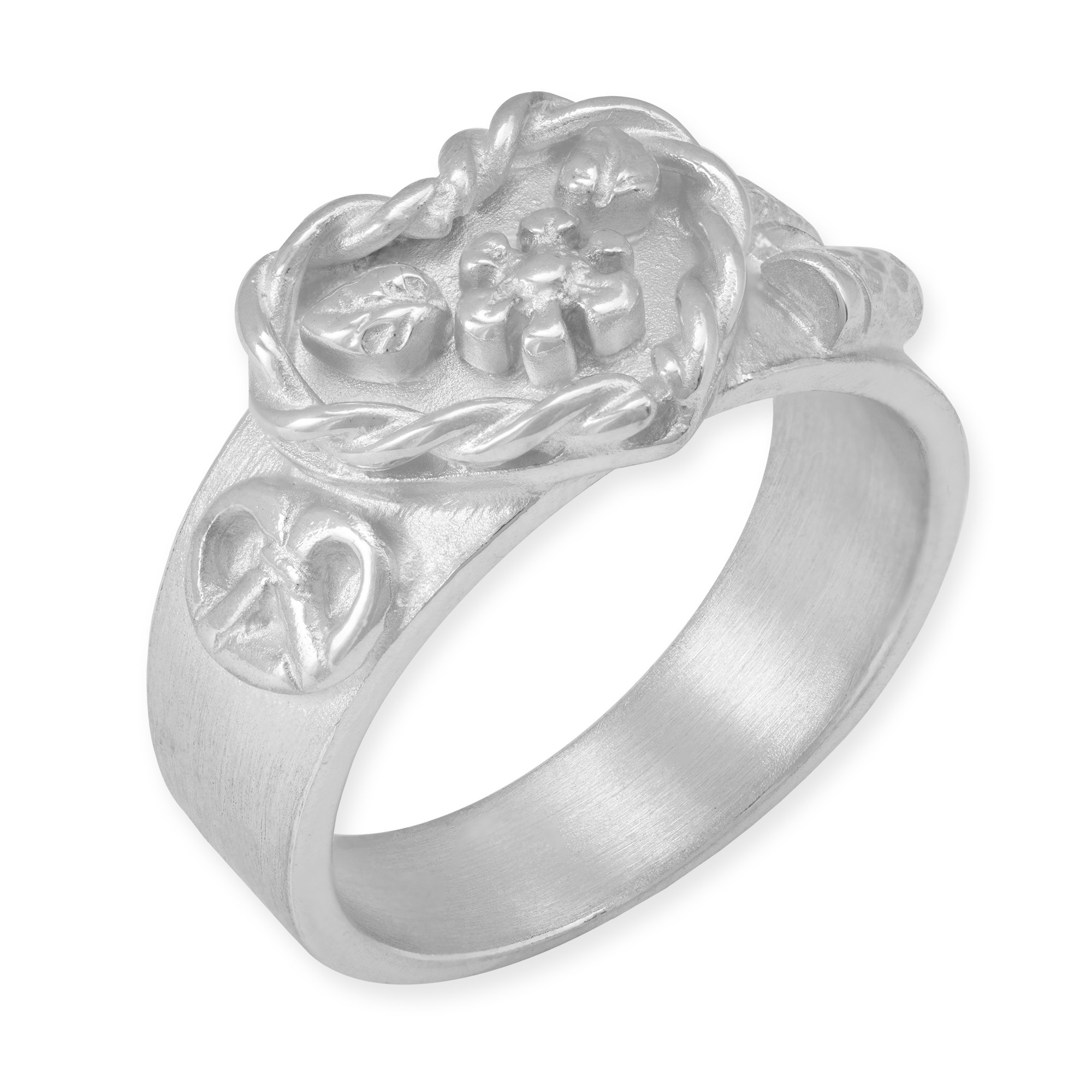 Ring mit Herz, Brezel, Bier und Blumen aus Silber rhodiniert
