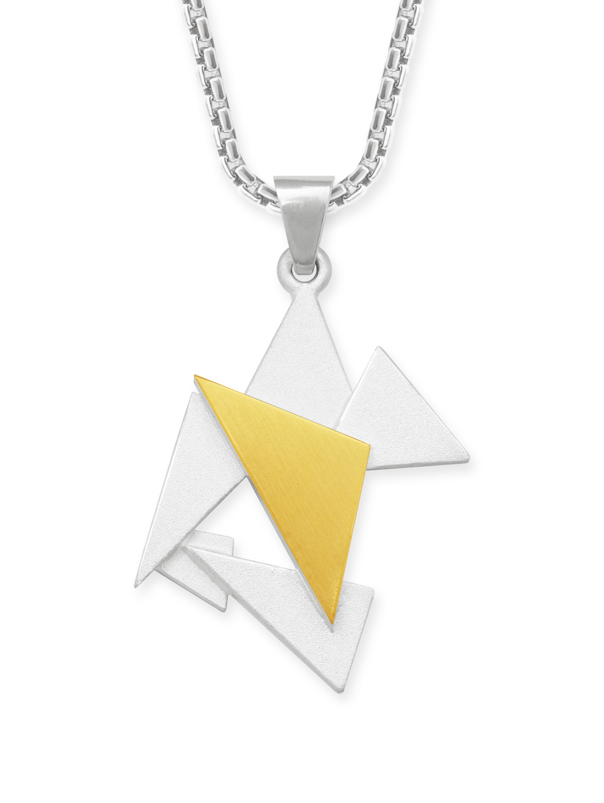 Anhänger aus geometrischen Dreiecken in Bicolor aus 925 Silber und 750 Gelbgold (18 Karat). Vorderansicht.