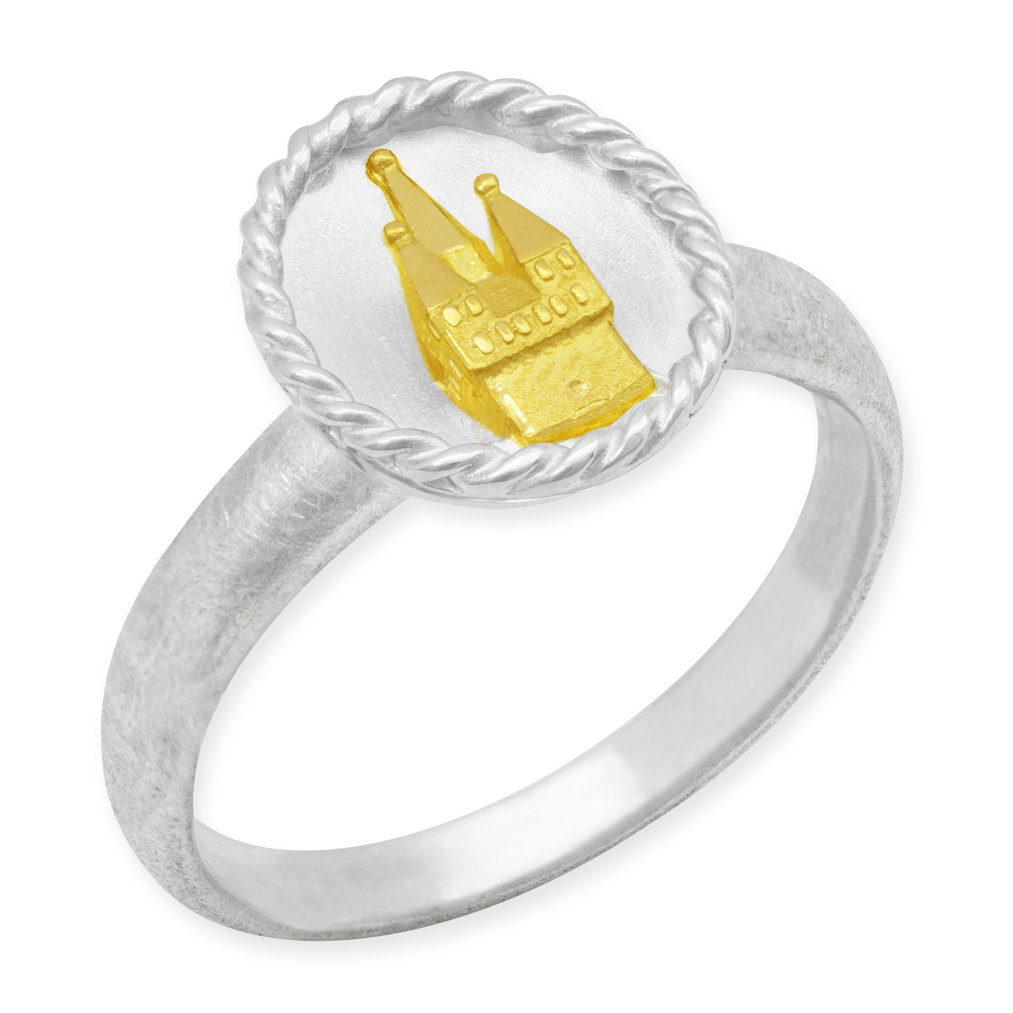 Bicolor Ring mit Stadtturm aus Straubing aus Gelbgold und Silber rhodiniert