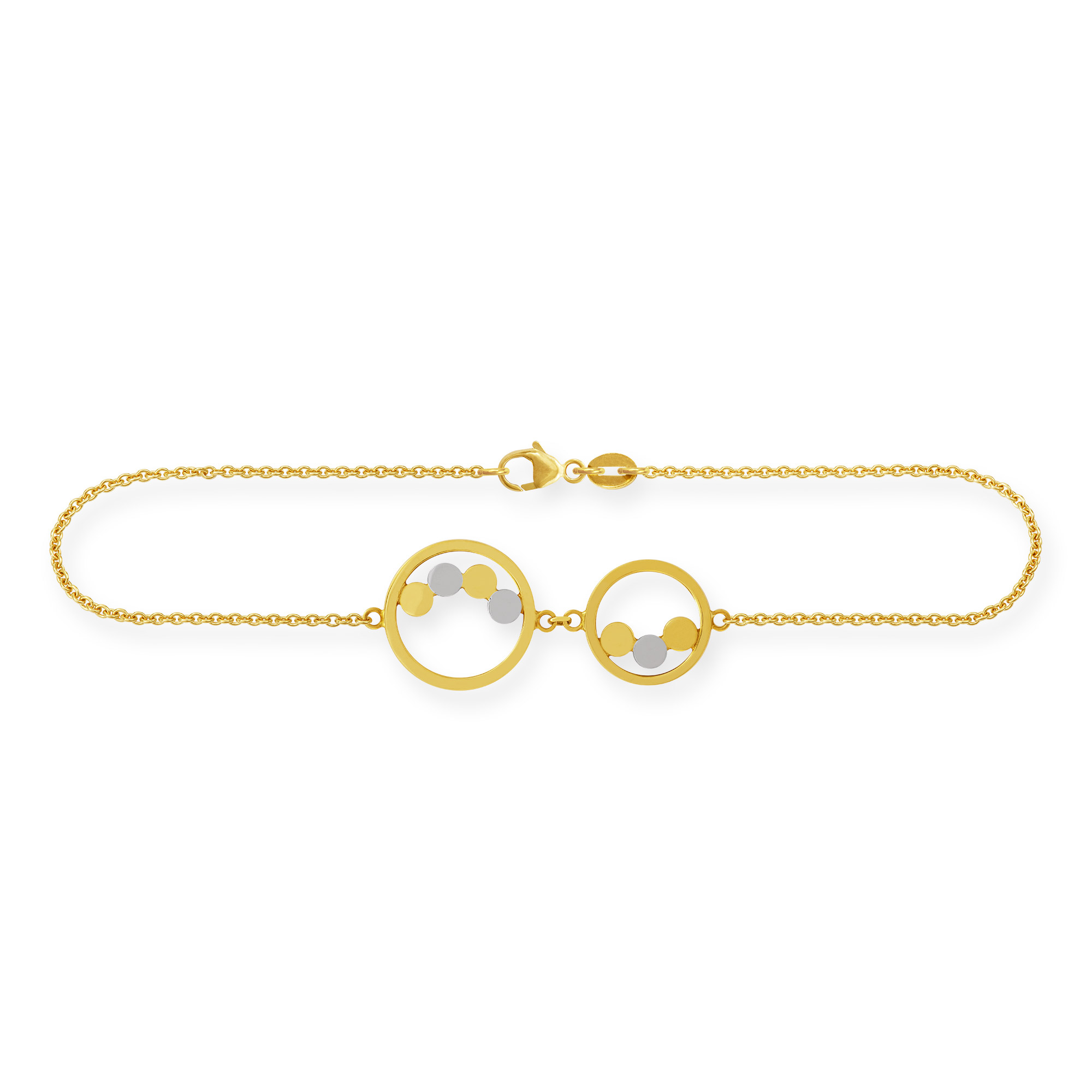 Feines Gliederarmband aus 750 Gelbgold (18 Karat) und 750 Weißgold (18 Karat) mit zwei großen, runden Elementen in der Mitte. Das Armband hat einen Karabinerverschluss..