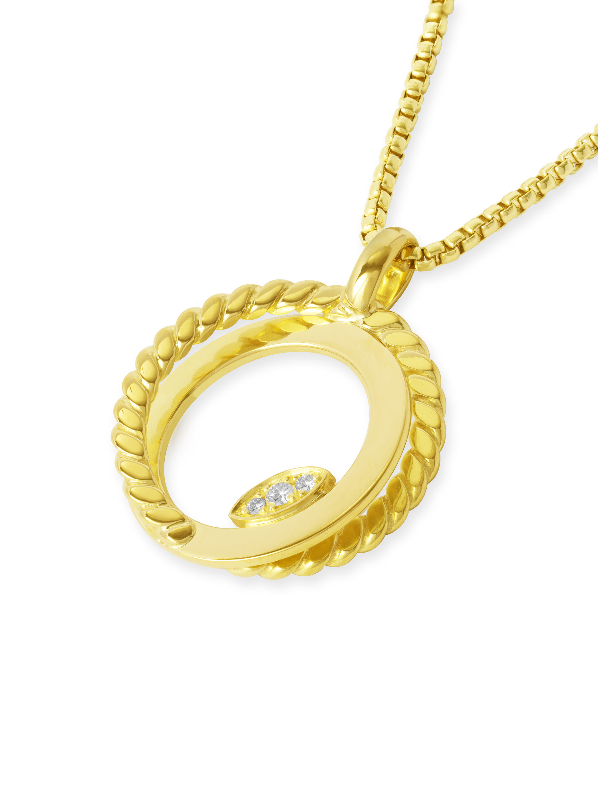 Runder Anhänger aus 750 Gelbgold (18 Karat) mit einem Kordelrand und 3 Brillanten. Der Anhänger gehört zur Gruppe Eternal Glow. Seitenansicht.