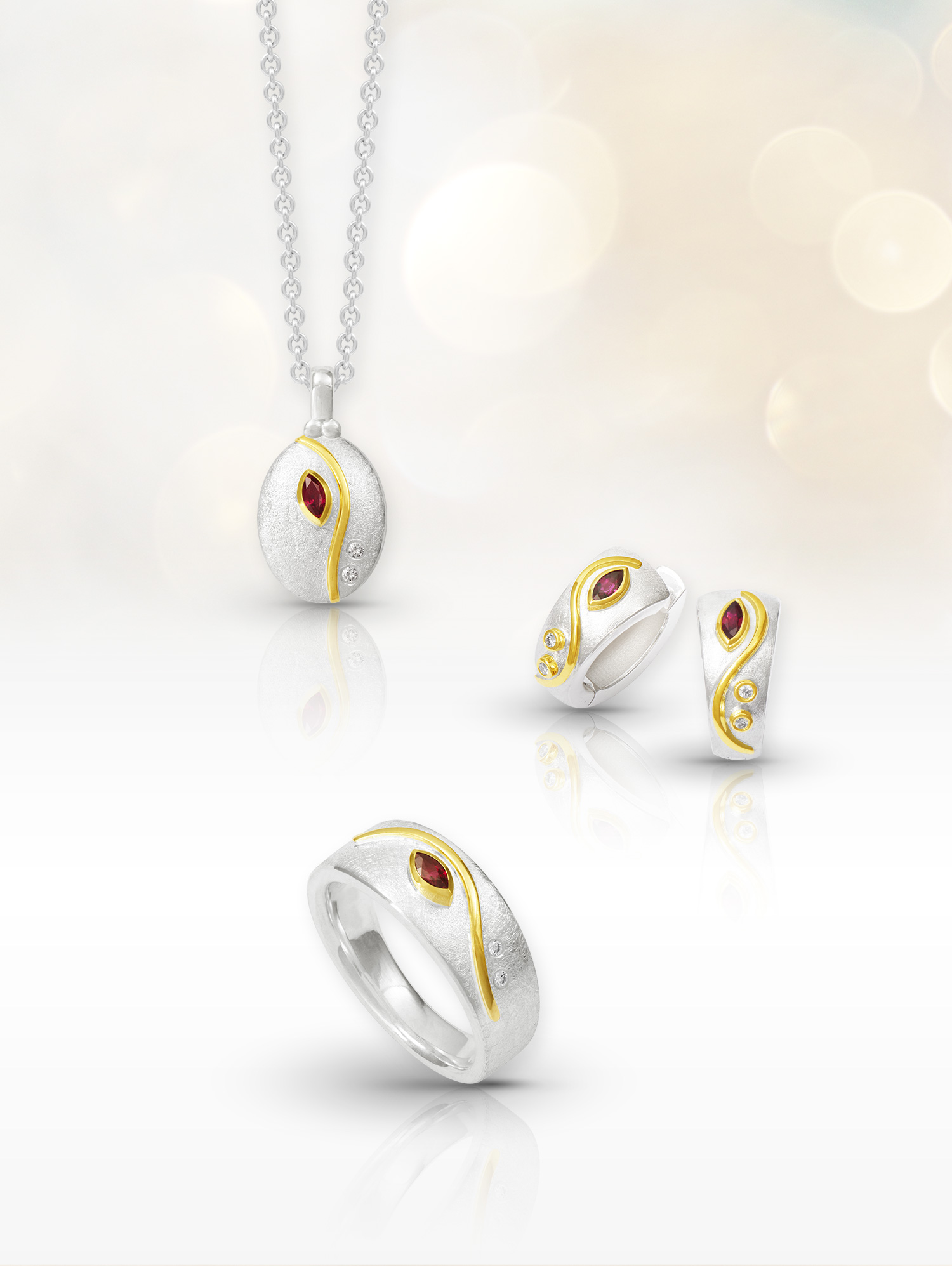 LESER Schmuck-Sets Silber mit Gelbgold Rubin