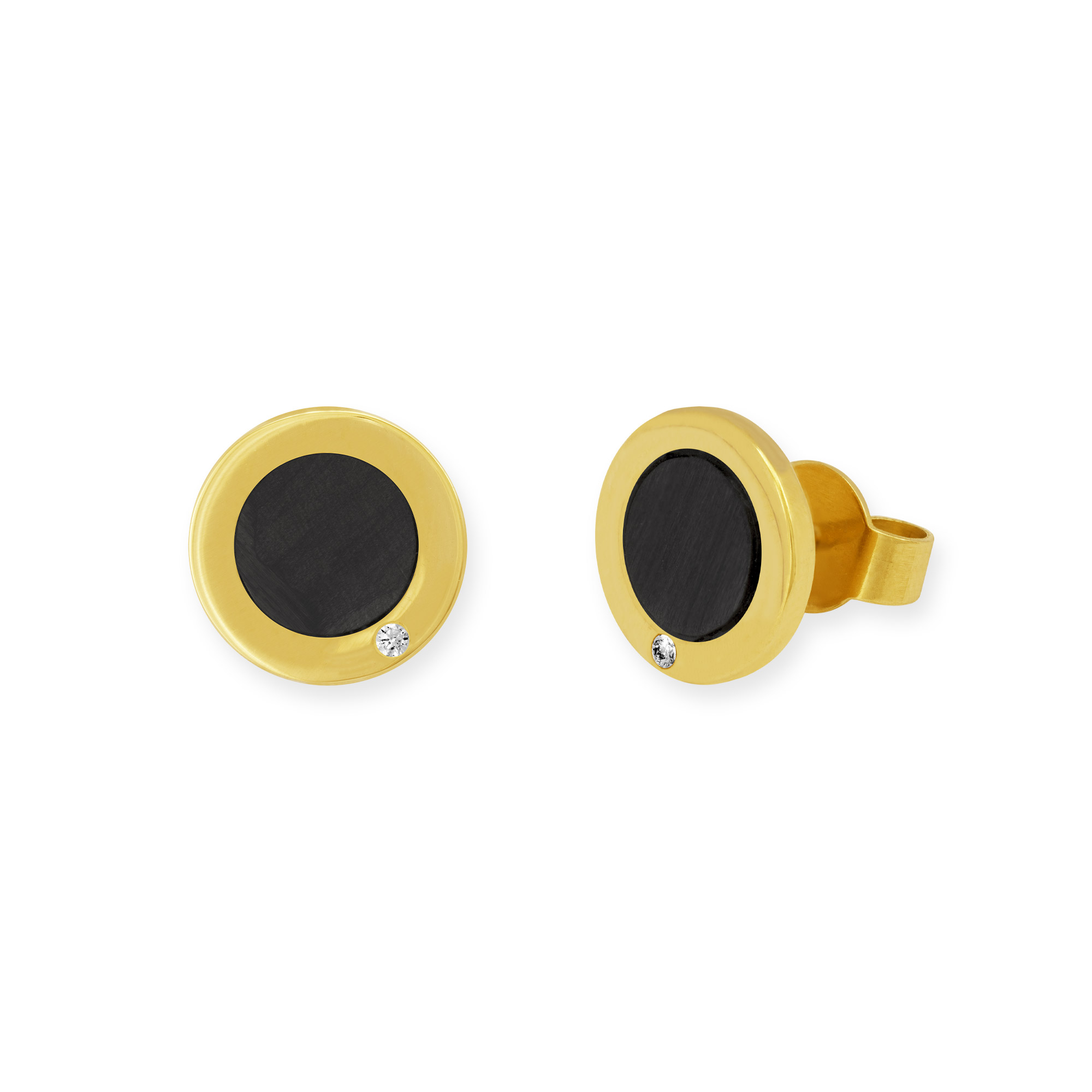 Runder Ohrstecker aus Gelbgold und Carbon mit Brillant