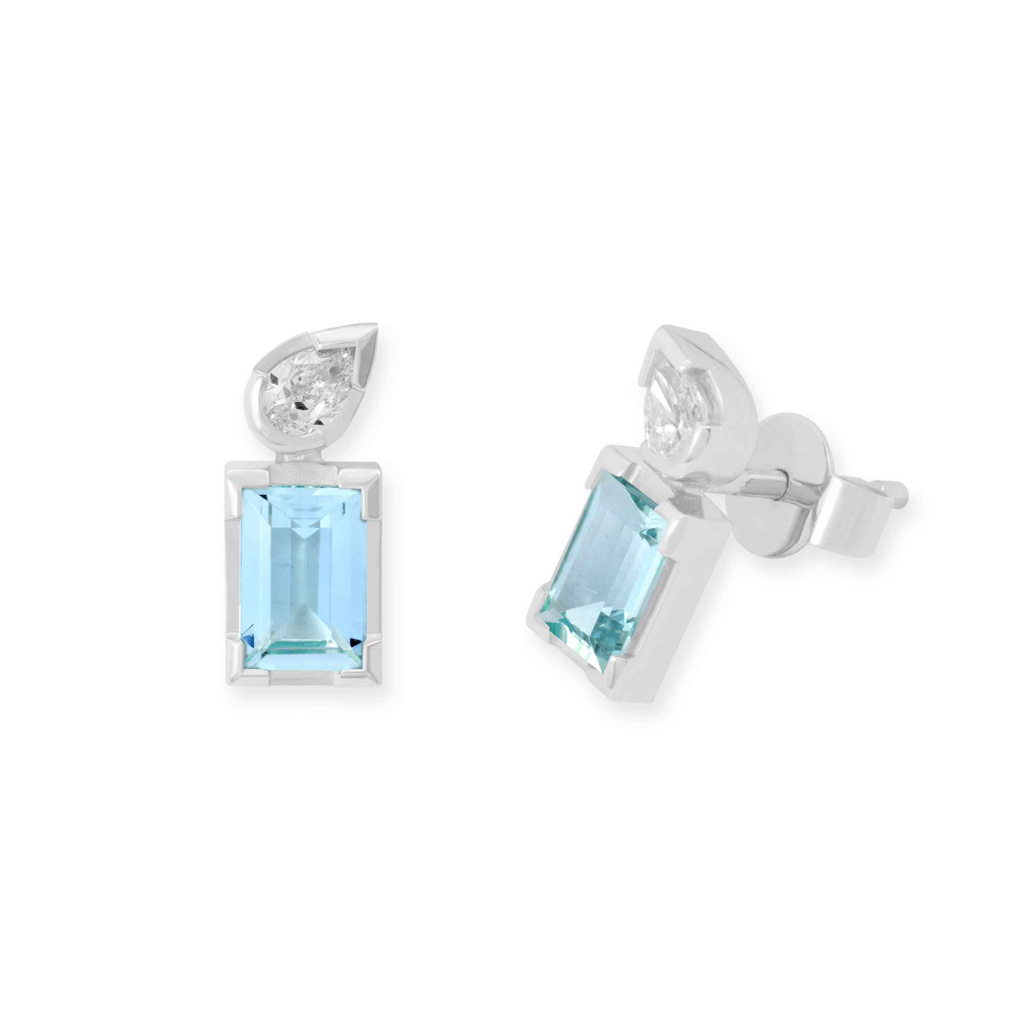 Ohrstecker aus Weißgold mit Aquamarin und Diamant in Tropfe-Schliff