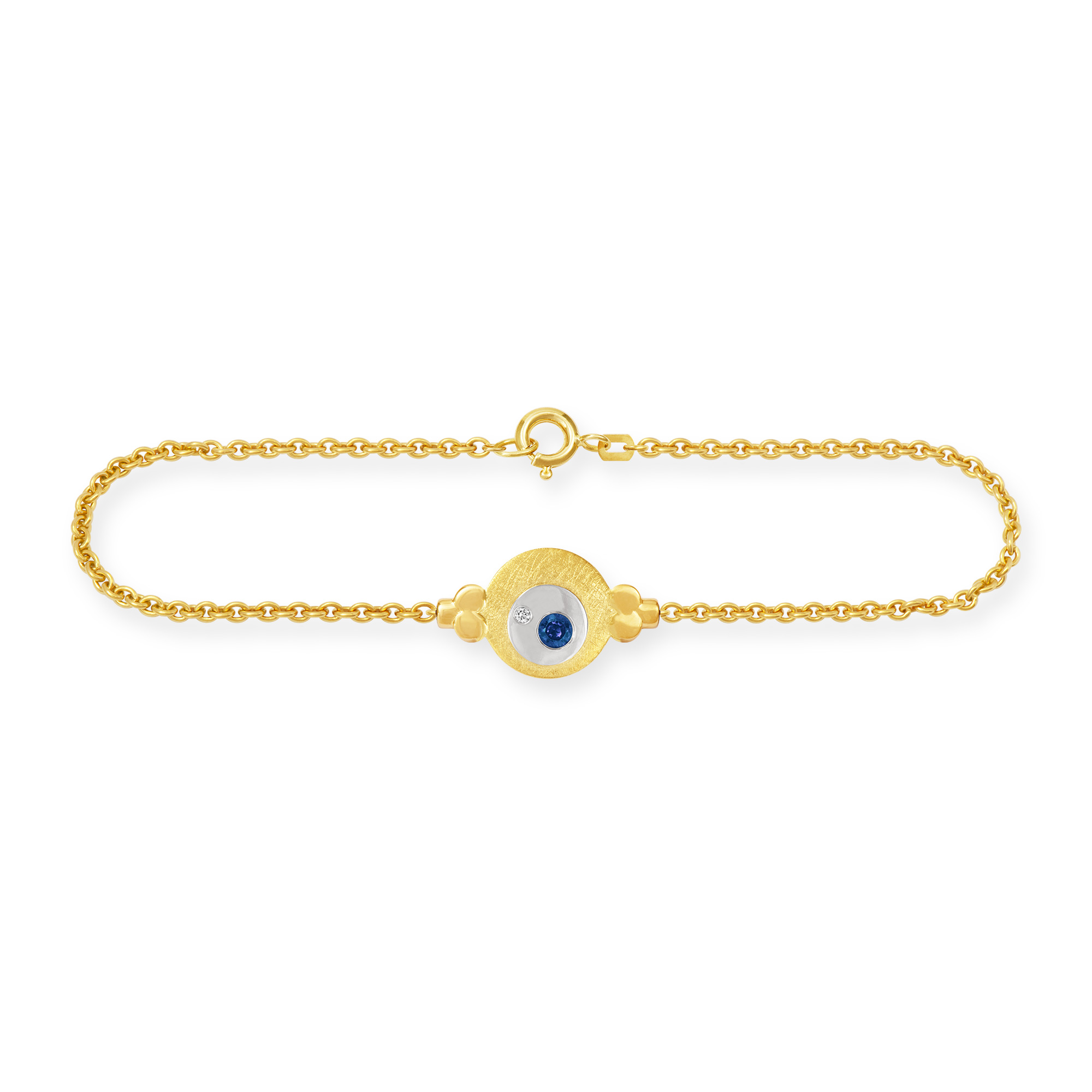 Feines Gliederarmband aus 585/Gelbgold und 585/Weissgold mit einem runden Mittelteil auf dem ein Saphir und ein Brillant plaziert sind. Verschluss Federring.