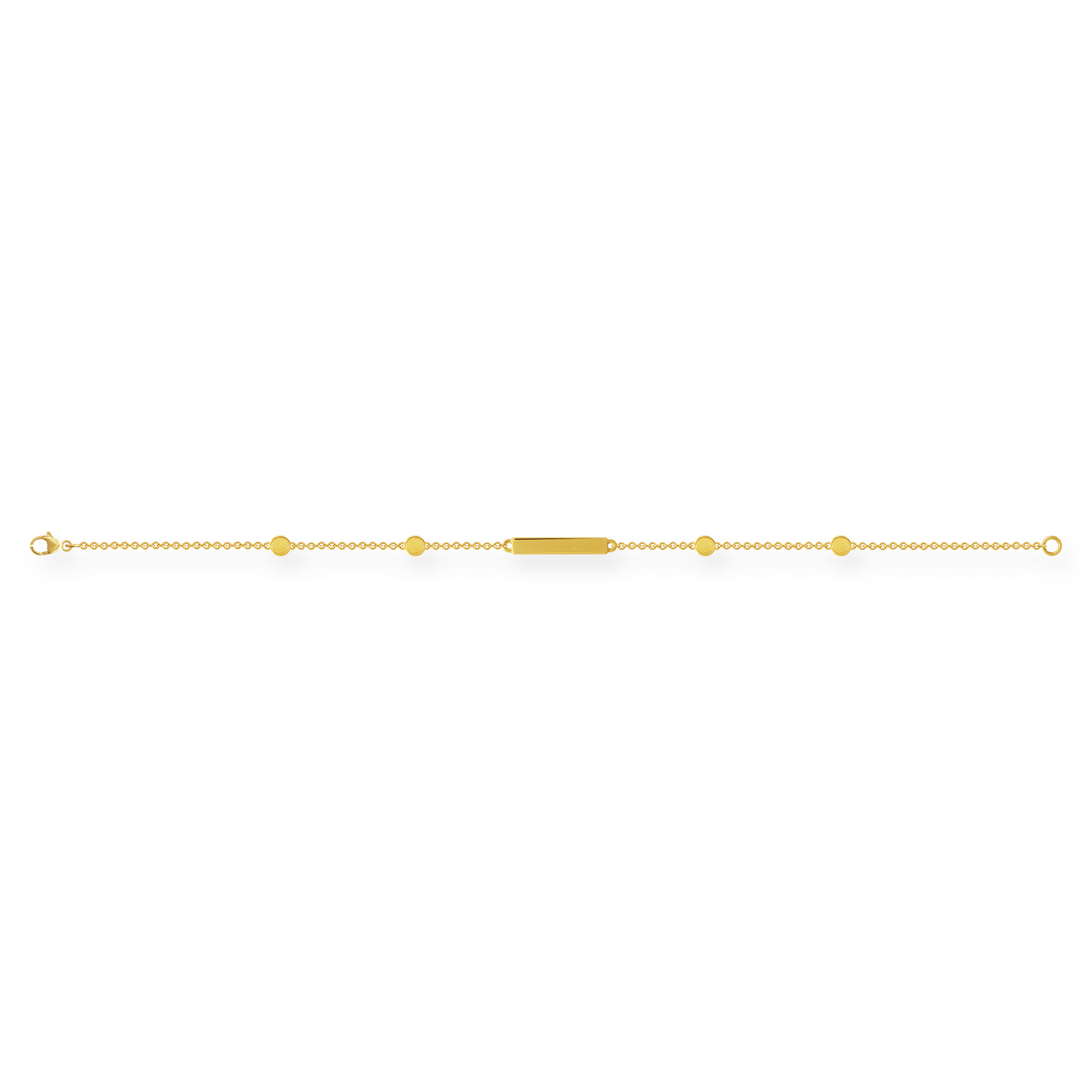 Feines Gliederarmband aus 750 Gelbgold (18 Karat) mit kleinen Kreisen und einem schmalen Rechteck. Das Armband hat einen Karabinerverschluss.