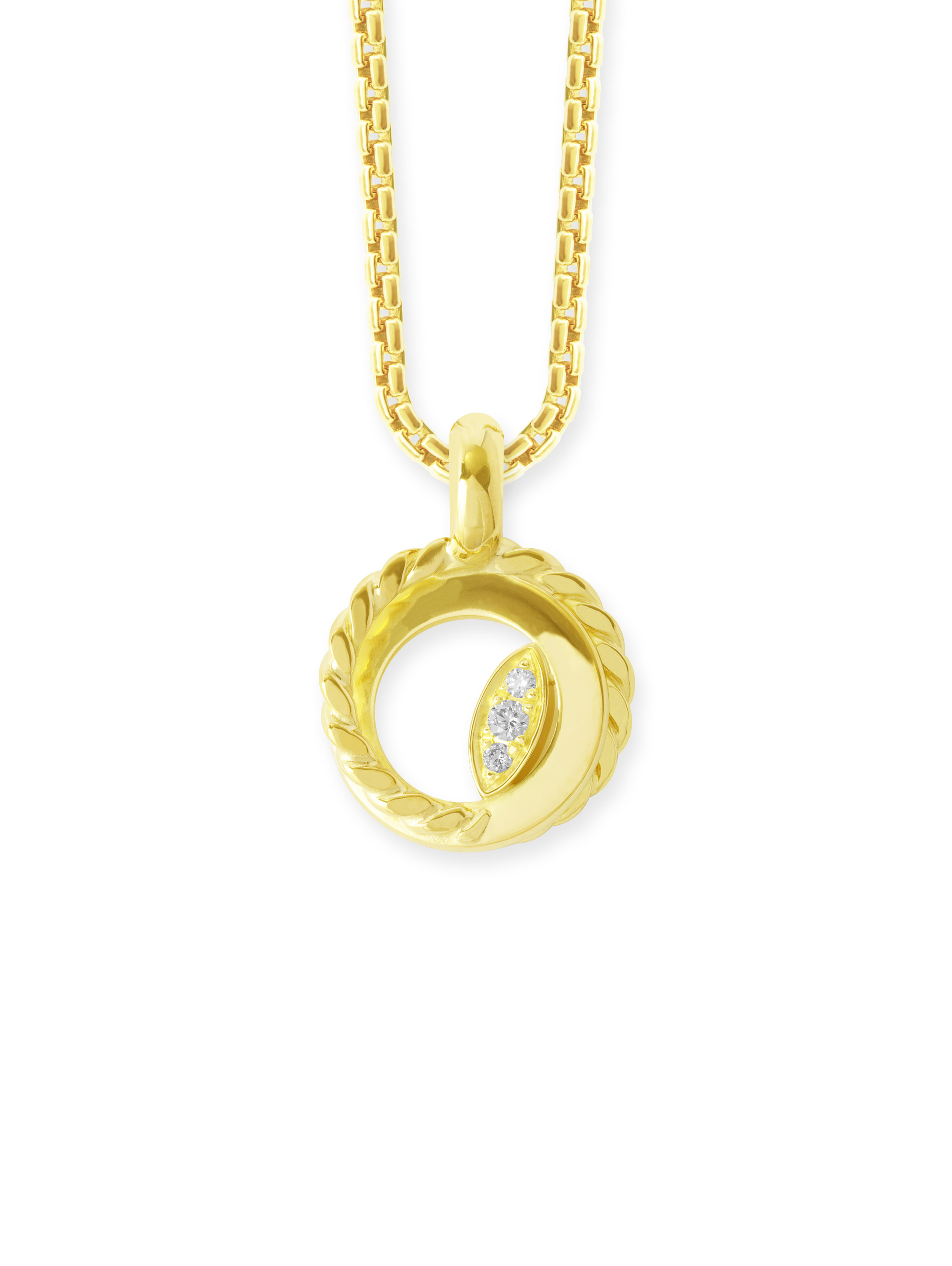 Runder Anhänger aus 750 Gelbgold (18 Karat) mit einem Kordelrand und 3 Brillanten. Der Anhänger gehört zur Gruppe Eternal Glow. Vorderansicht.