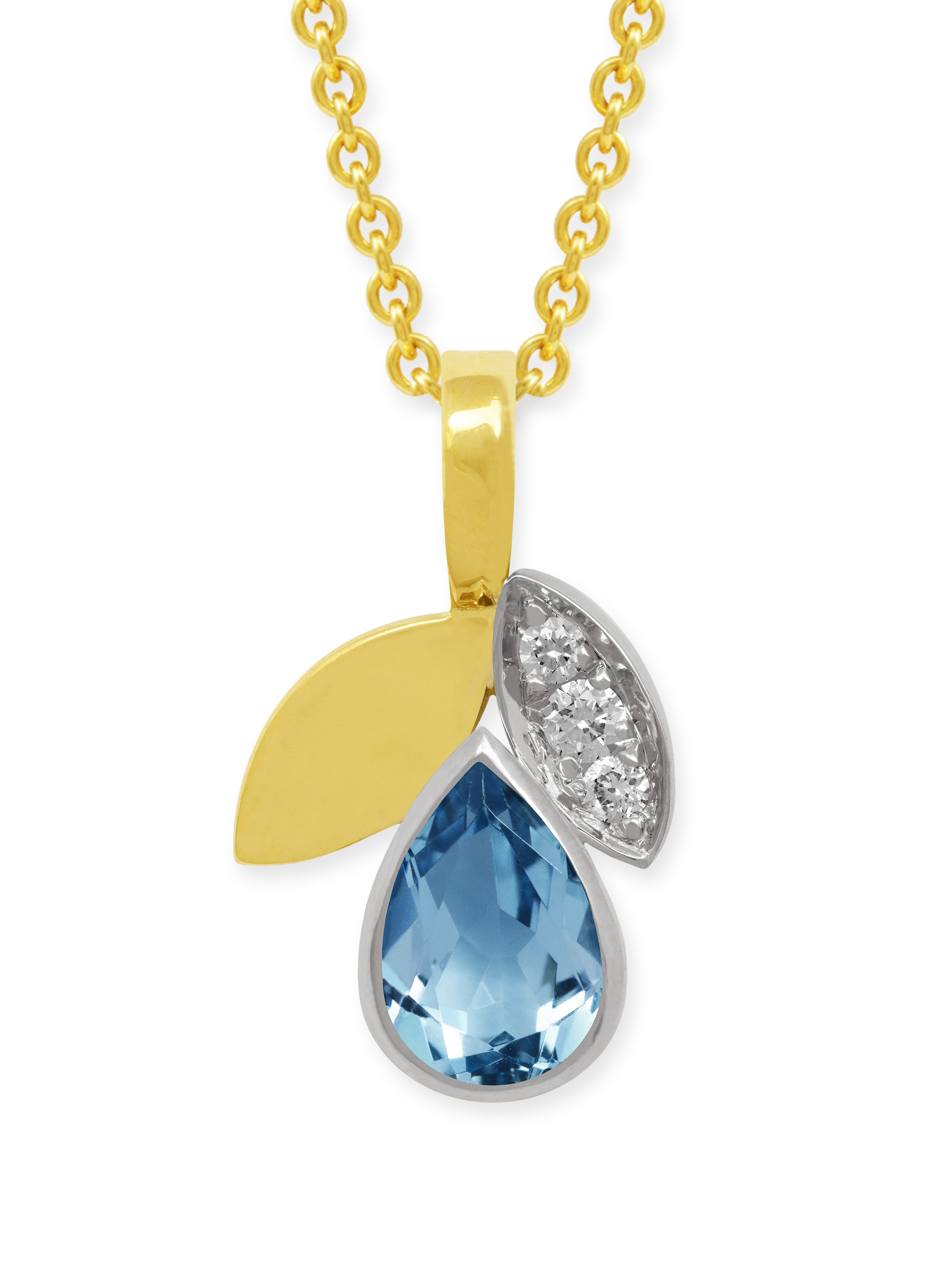 Anhänger aus 750 Gelbgold (18 Karat), 750 Weißgold (18 Karat), Aquamarin in Tropfenform und 3 Brillanten. Vorderansicht.