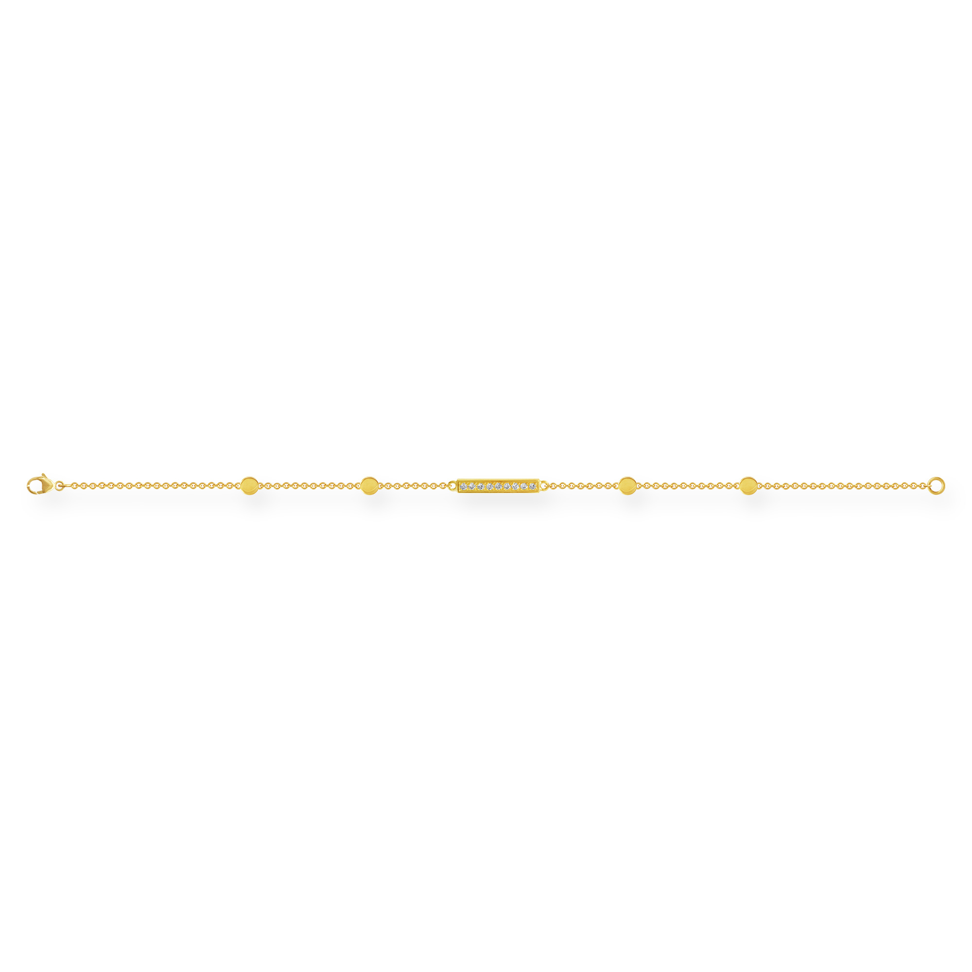 Feines Gliederarmband aus 750/Gelbgold mit kleinen Kreisen und einem schmalen Rechteck, das mit Brillanten besetzt ist. Karabinerverschluss