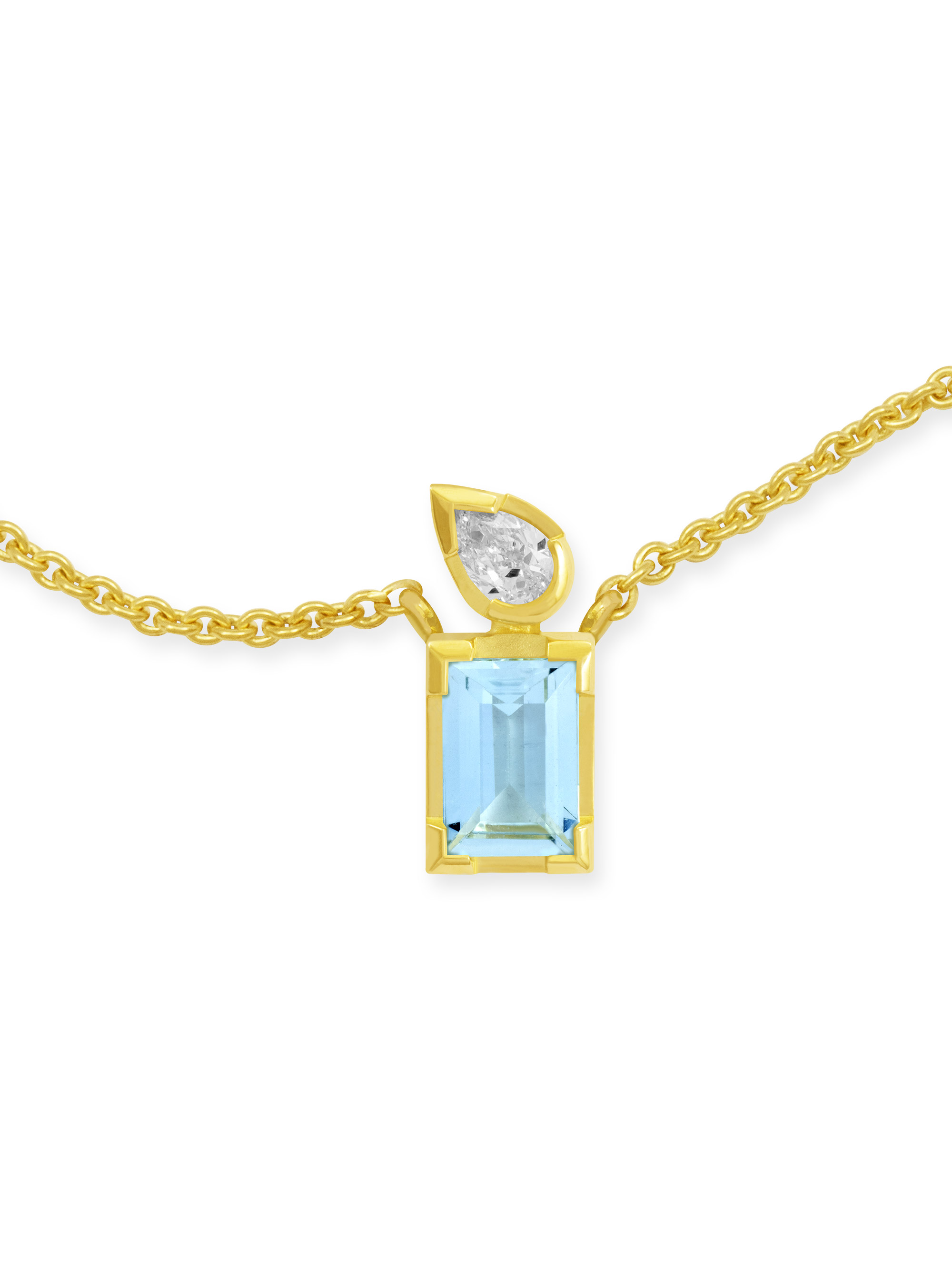 Collier aus 750 Gelbgold mit 1 Aquamarin und 1 Diamant in Tropfe-Schliff