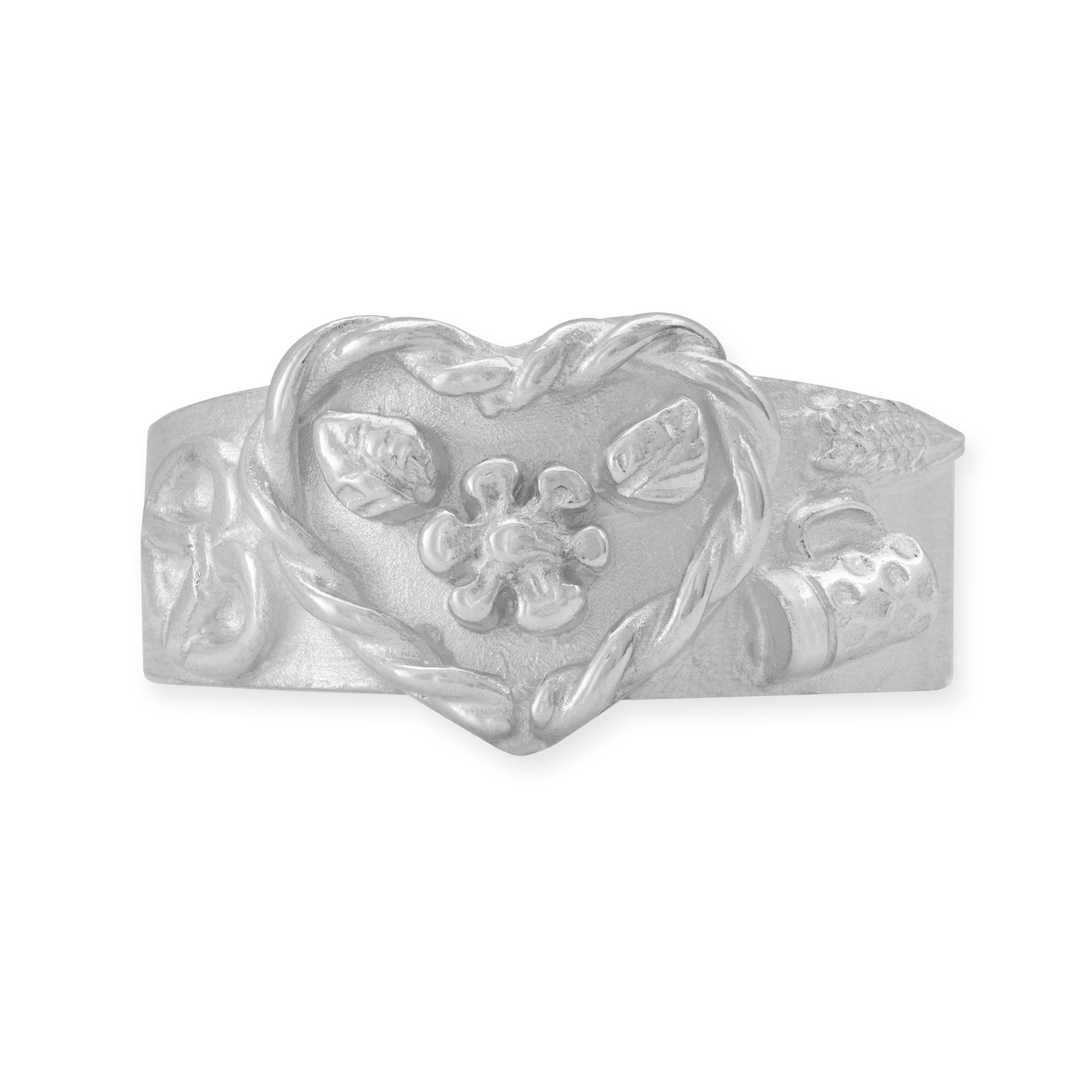 Ring mit Herz, Brezel, Bier und Blumen aus Silber rhodiniert