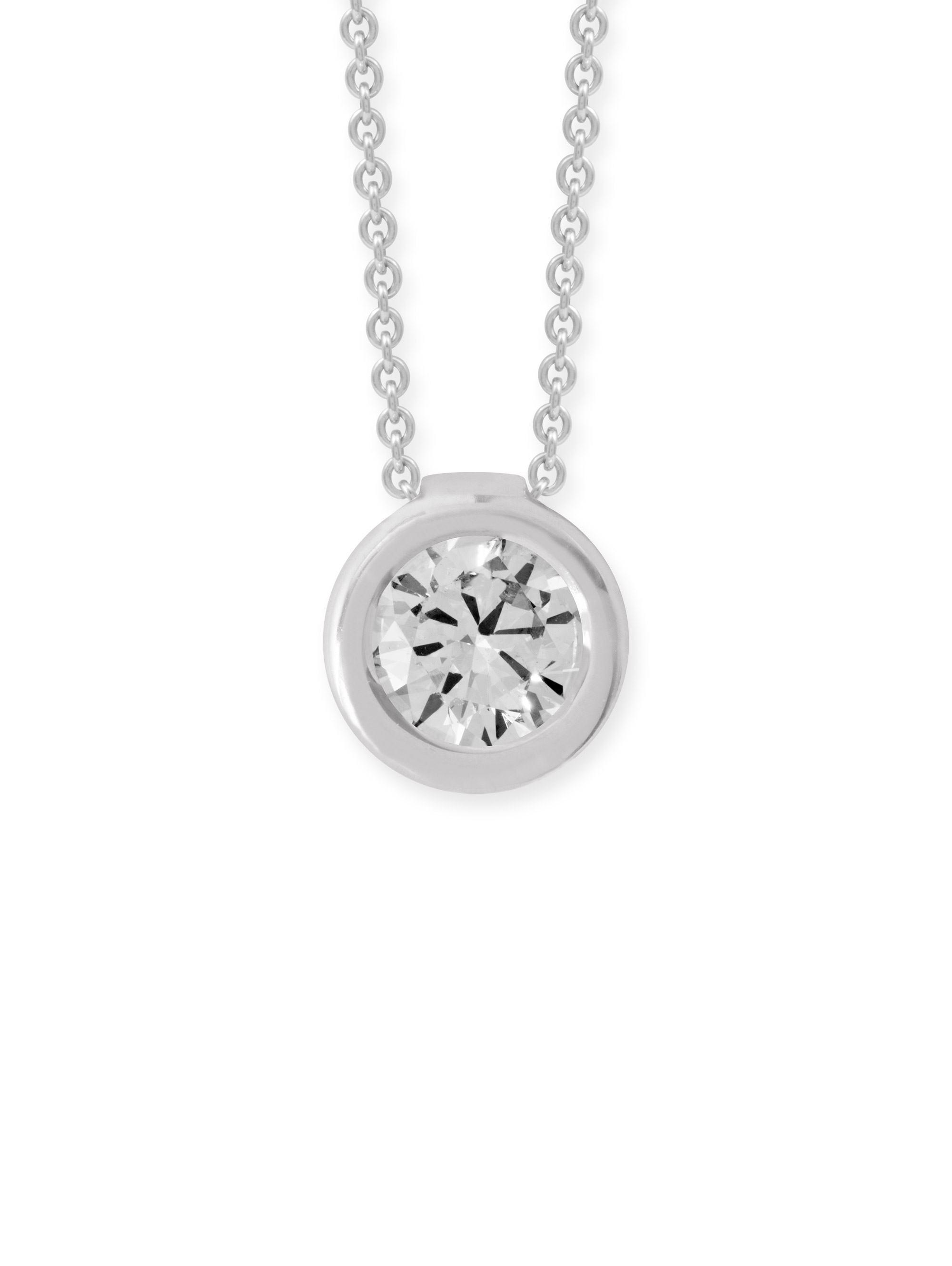 Collier aus 750 Weißgold (18 Karat) mit einem Brillant. Das Collier hat als Verschluss einen Federring und ist 42 cm lang. Vorderansicht.