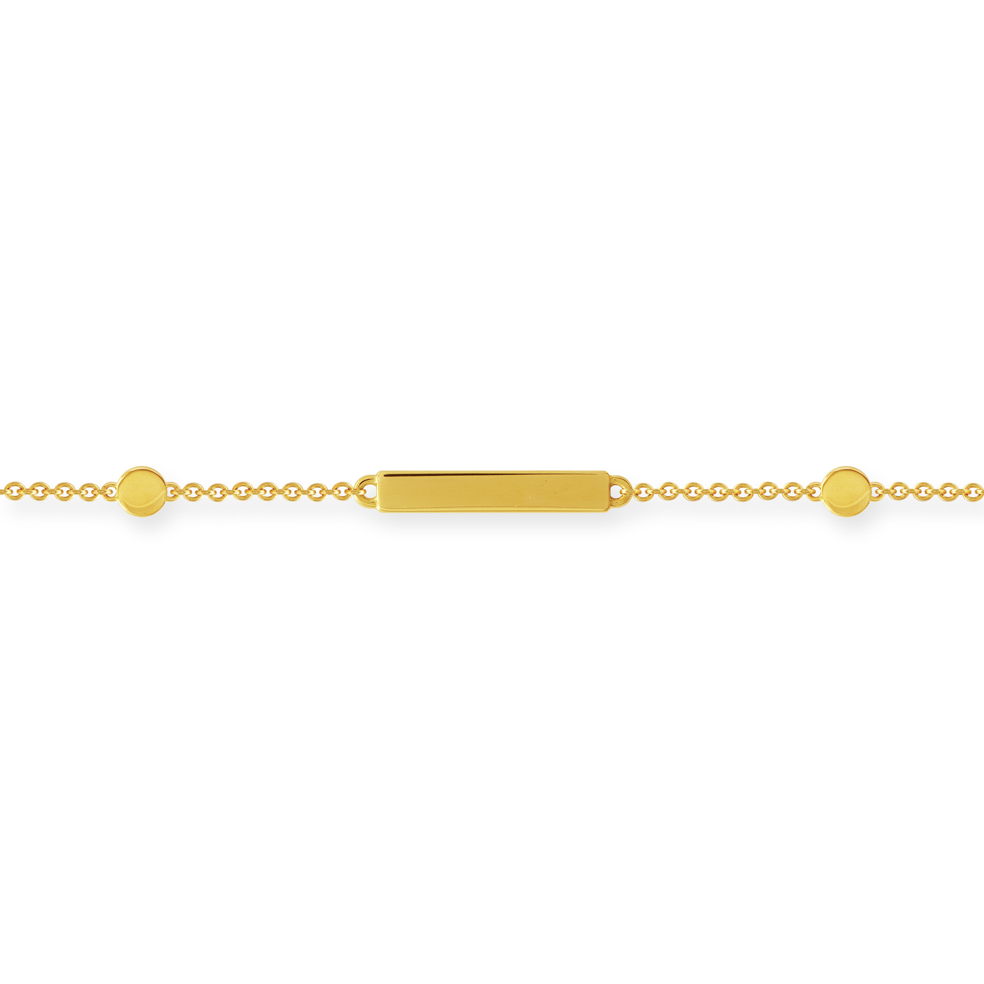 Feines Gliederarmband aus 750 Gelbgold (18 Karat) mit kleinen Kreisen und einem schmalen Rechteck. Detailansicht