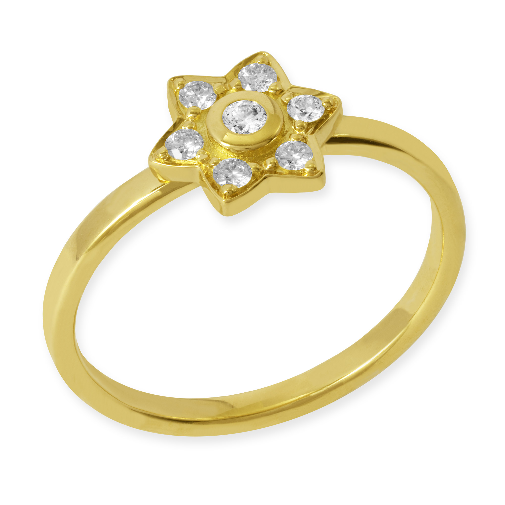 Schmaler Ring mit einem Stern aus 750 Gelbgold, besetzt mit 7 Brillanten. Der Ring gehört zur Gruppe Flowerstar.