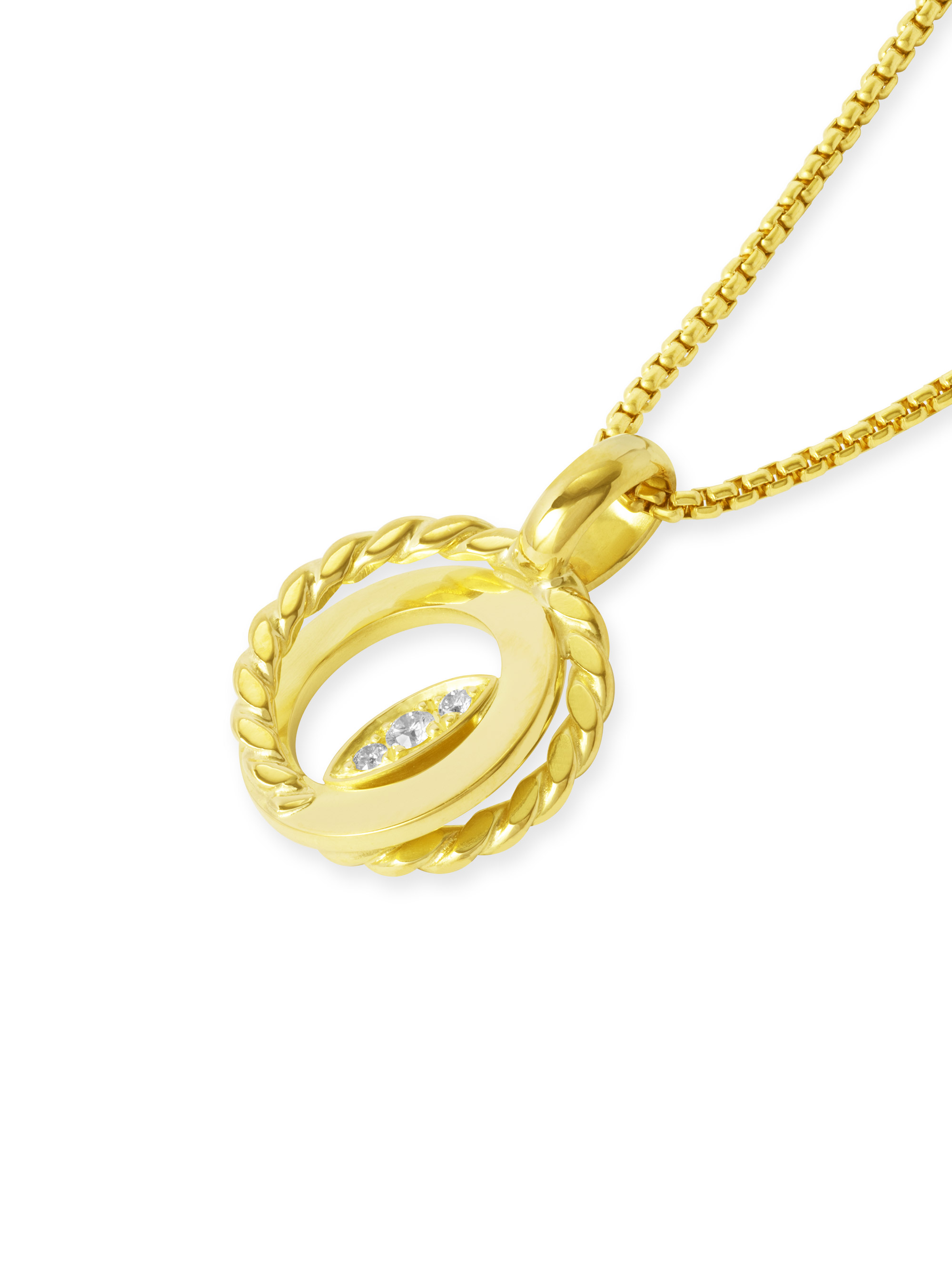 Runder Anhänger aus 750 Gelbgold (18 Karat) mit einem Kordelrand und 3 Brillanten. Der Anhänger gehört zur Gruppe Eternal Glow. Seitenansicht.