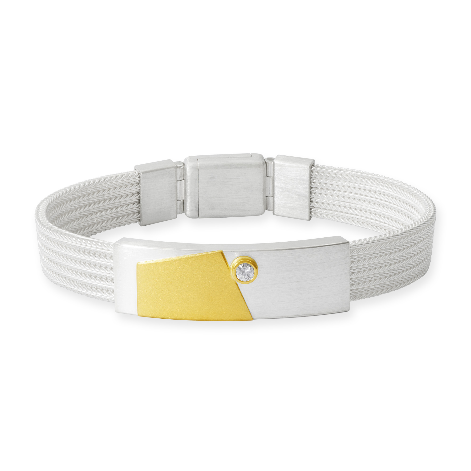 Milanaise-Armband aus 925/Silber mit Verzierungen aus 750/Gelbgold, 900/Gelbgold und einem Brillant. Das Armband hat einen Magnetverschluss.