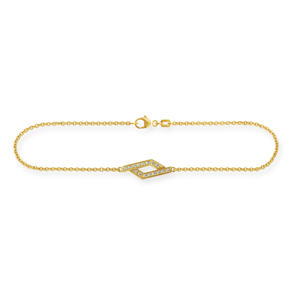 Feines Gliederarmband aus 750 Gelbgold (18 Karat) mit einem rautenförmigen Element, das mit 16 Brillanten besetzt ist. Das Armband hat einen Karabinerverschluss.