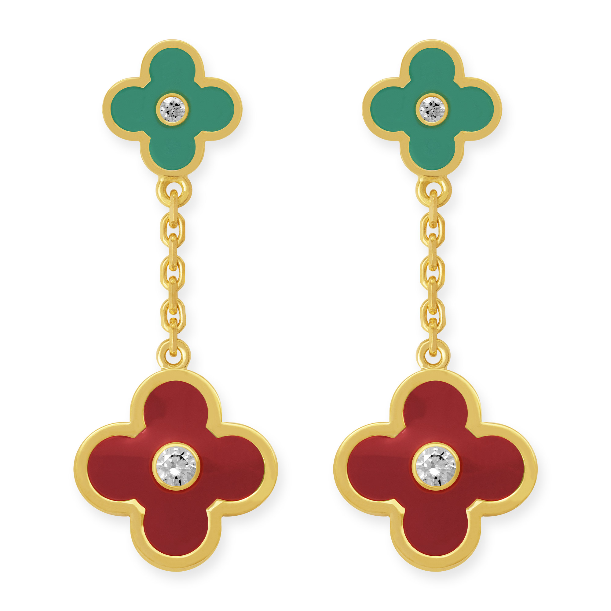 Ohrstecker hängend mit zwei grünen und roten Blumen