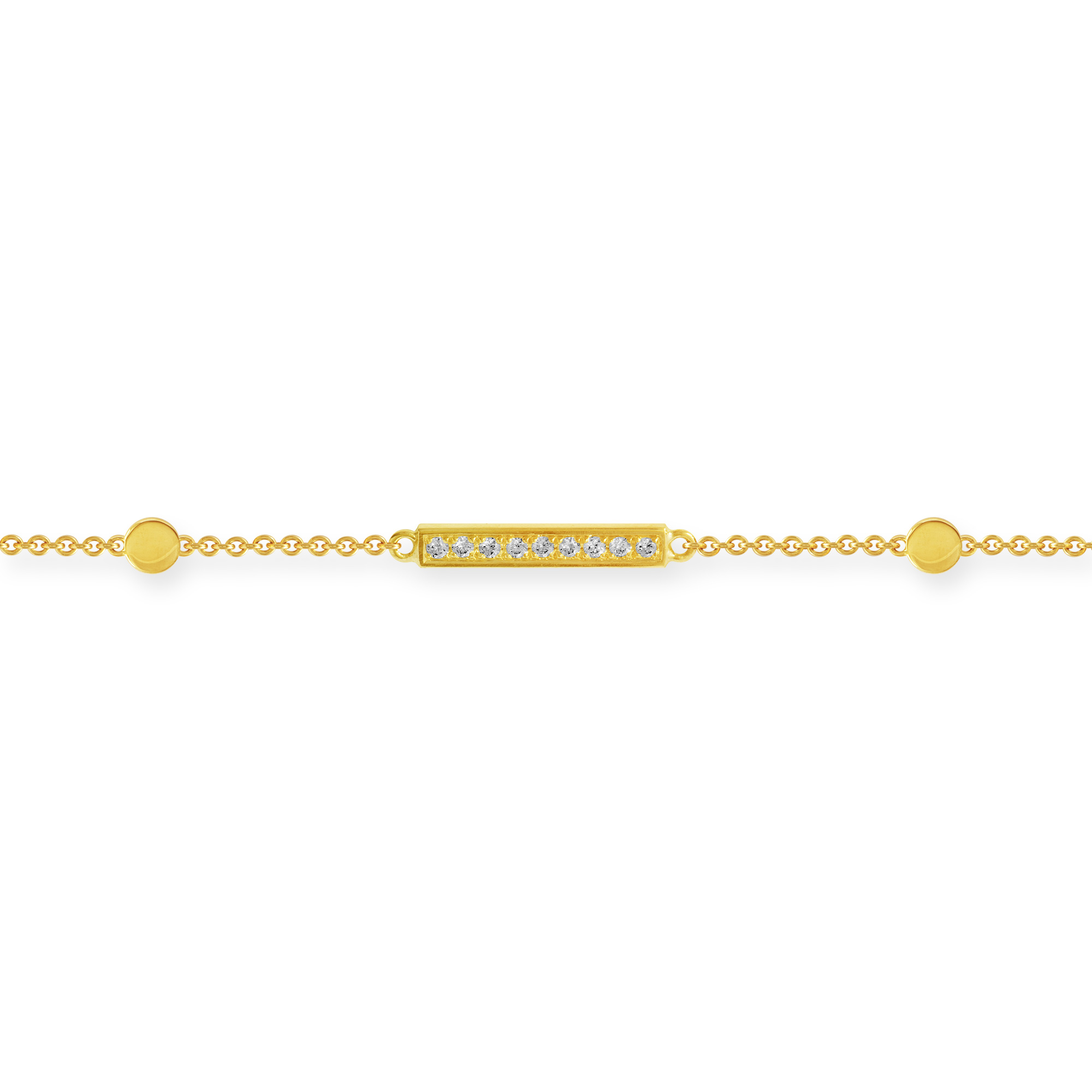 Feines Gliederarmband aus 750 Gelbgold (18 Karat) mit kleinen Kreisen und einem schmalen Rechteck, das mit 9 Brillanten besetzt ist. Detailansicht