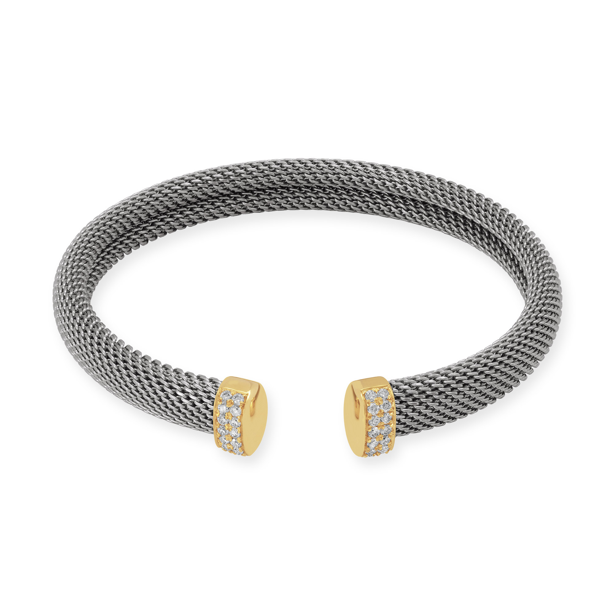 Armspange aus Edelstahl in Mesh-Technik mit Abschluss-Elementen in 750 Roségold, die mit 28 Brillanten besetzt sind. Die Armspange ist ohne Verschluss. Ansicht von vorne