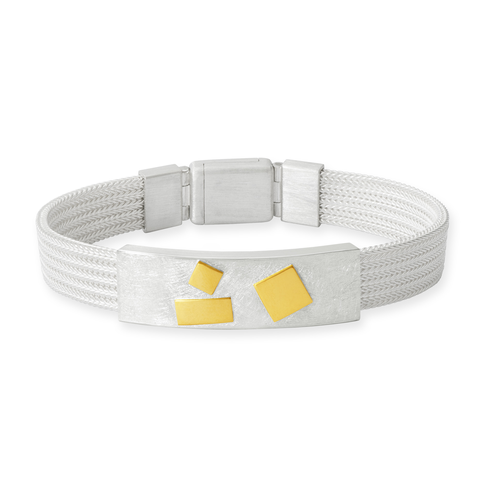 Milanaise-Armband aus 925 Silber mit Verzierungen aus 750 Gelbgold (18 Karat) und 900 Gelbgold. Das Armband hat einen Magnetverschluss.
