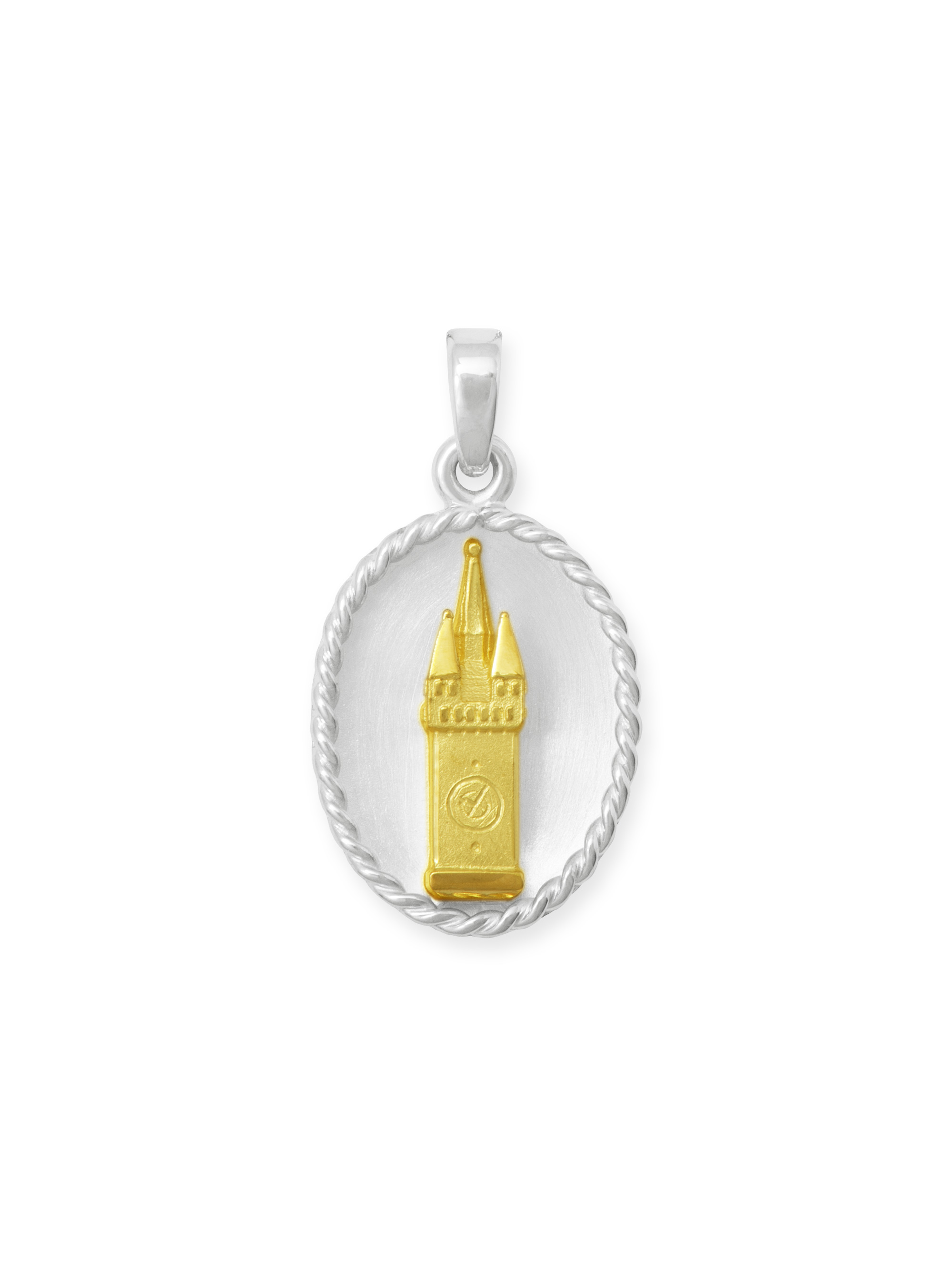 Bicolor Anhänger mit Stadtturm aus Straubing aus Gelbgold und Silber rhodiniert Bicolor Anhänger mit Stadtturm aus Straubing aus Gelbgold und Silber rhodiniert