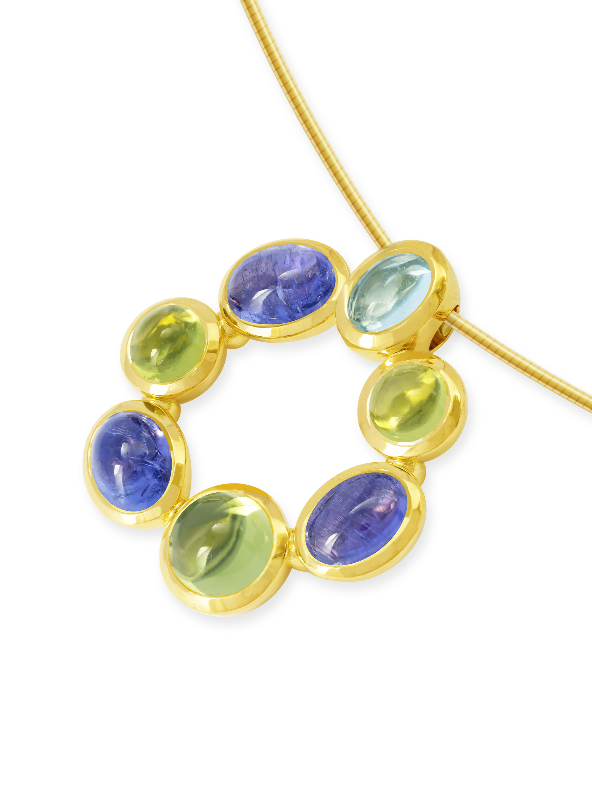 Anhänger mit Peridot Aquamarin und Tansanit aus Gelbgold