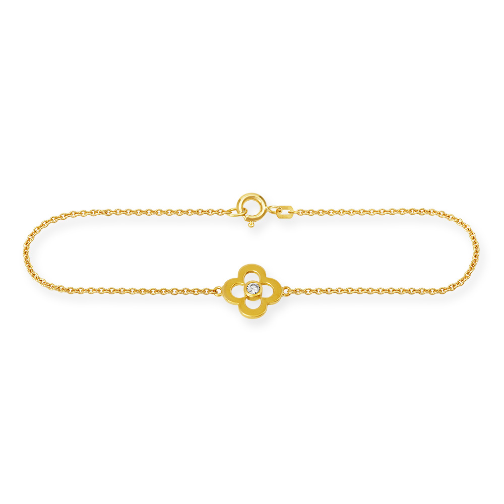 Feines Gliederarmband aus 750/Gelbgold mit einem Kleeblatt auf dem ein Brillant plaziert ist. Verschluss Federring.