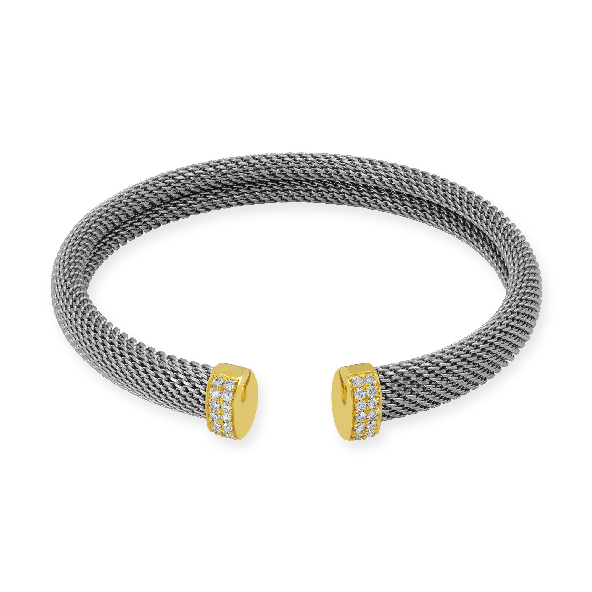 Armspange aus Edelstahl in Mesh-Technik mit Abschluss-Elementen in 750 Gelbgold (18 Karat), die mit 28 Brillanten besetzt sind. Die Armspange ist ohne Verschluss. Ansicht von vorne