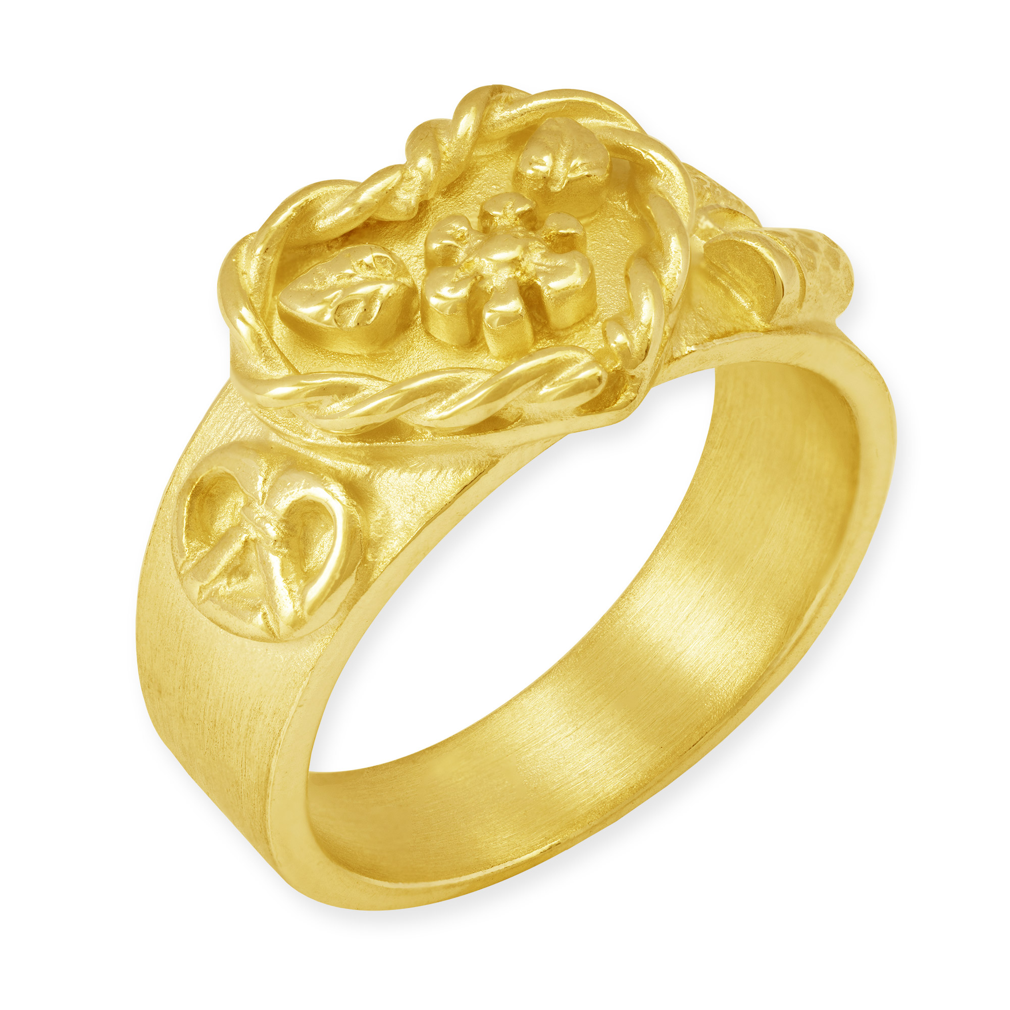 Ring mit Herz, Brezel, Bier und Blumen aus Gelbgold