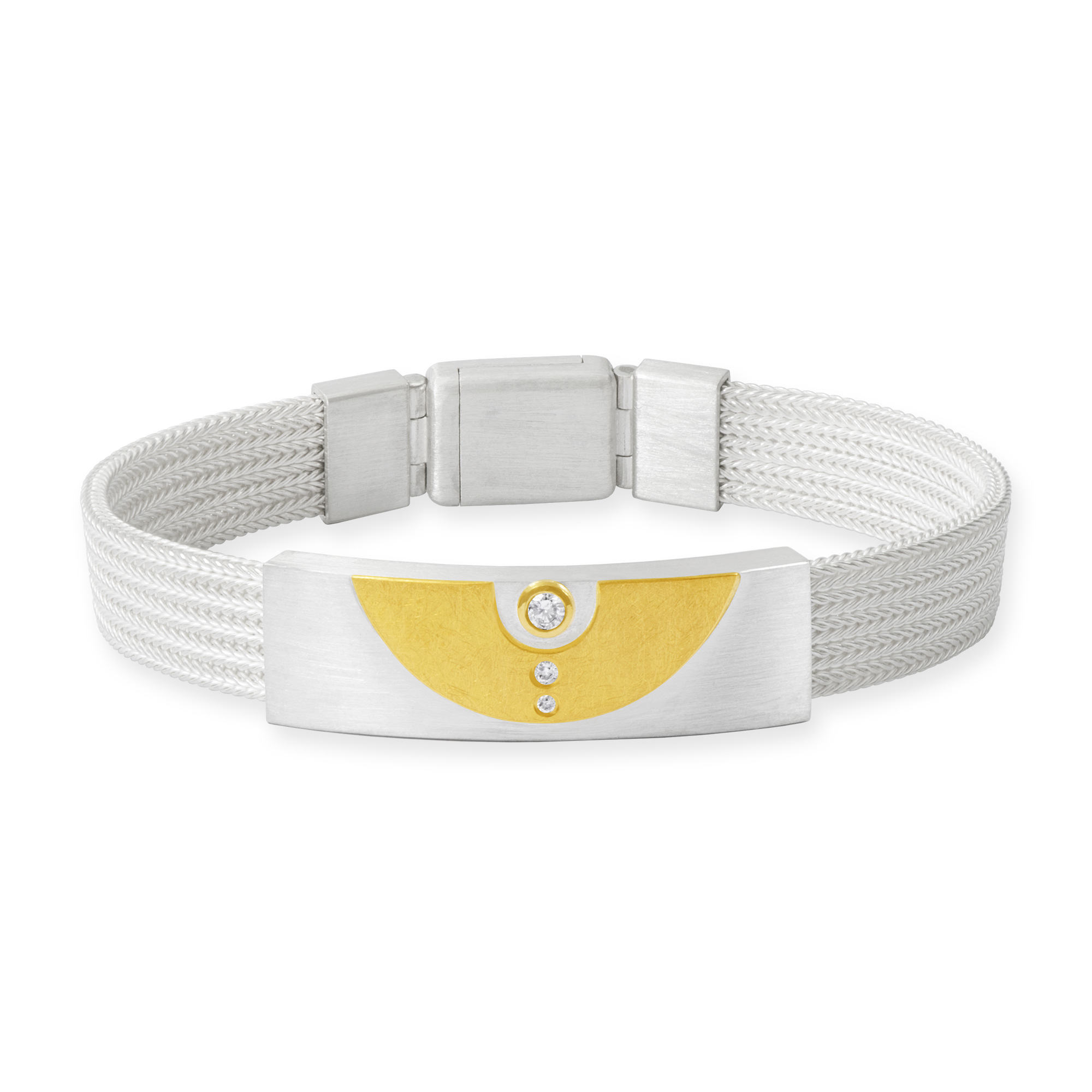 Milanaise-Armband aus 925/Silber mit Verzierungen aus 750/Gelbgold, 900/Gelbgold und drei Brillanten. Das Armband hat einen Magnetverschluss.