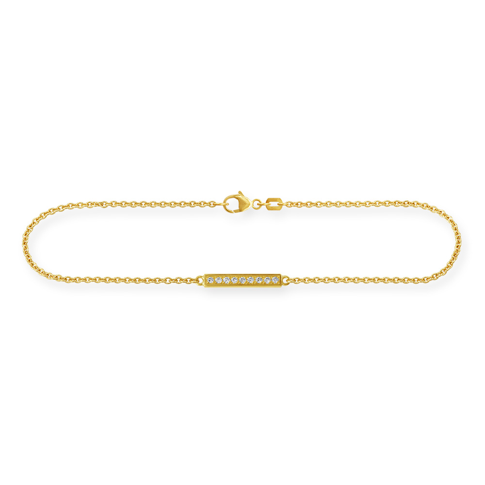 Feines Gliederarmband aus 750/Gelbgold mit einem schmalen Rechteck, das mit Brillanten besetzt ist. Karabinerverschluss