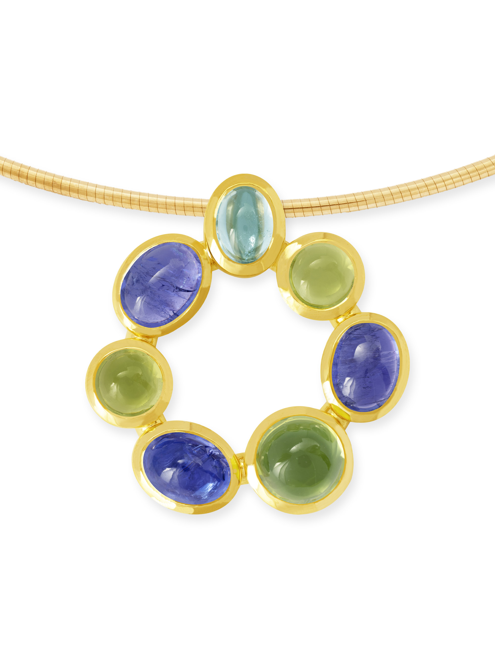 Anhänger mit Peridot Aquamarin und Tansanit aus Gelbgold