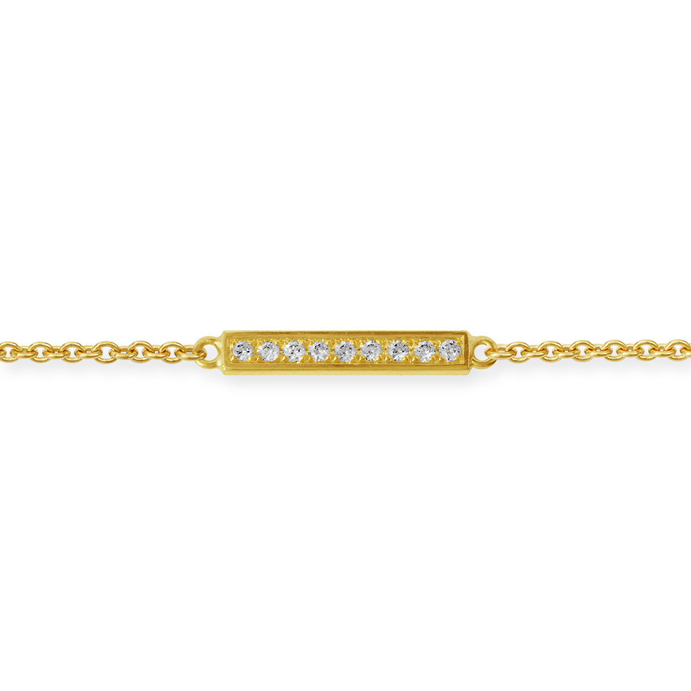 Feines Gliederarmband aus 750 Gelbgold (18 Karat) mit einem schmalen Rechteck, das mit 9 Brillanten besetzt ist. Detailansicht