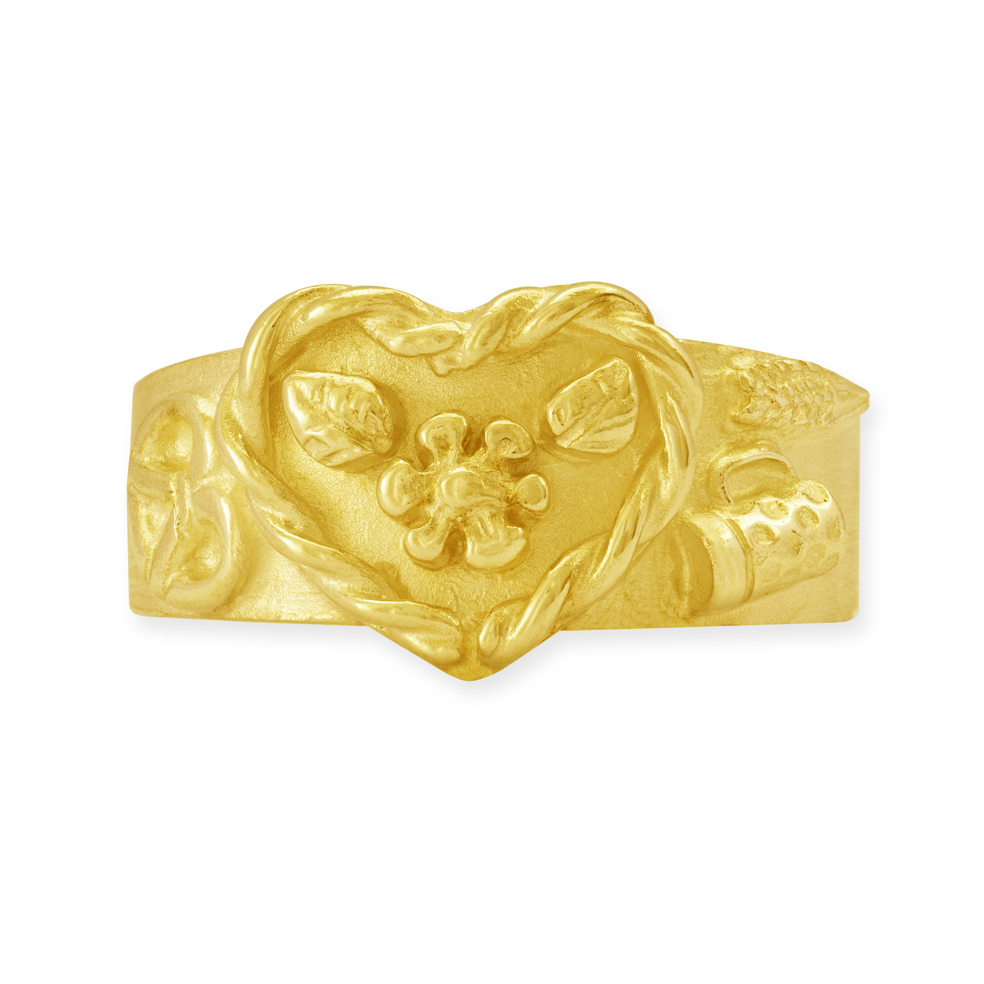 Ring mit Herz, Brezel, Bier und Blumen aus Gelbgold