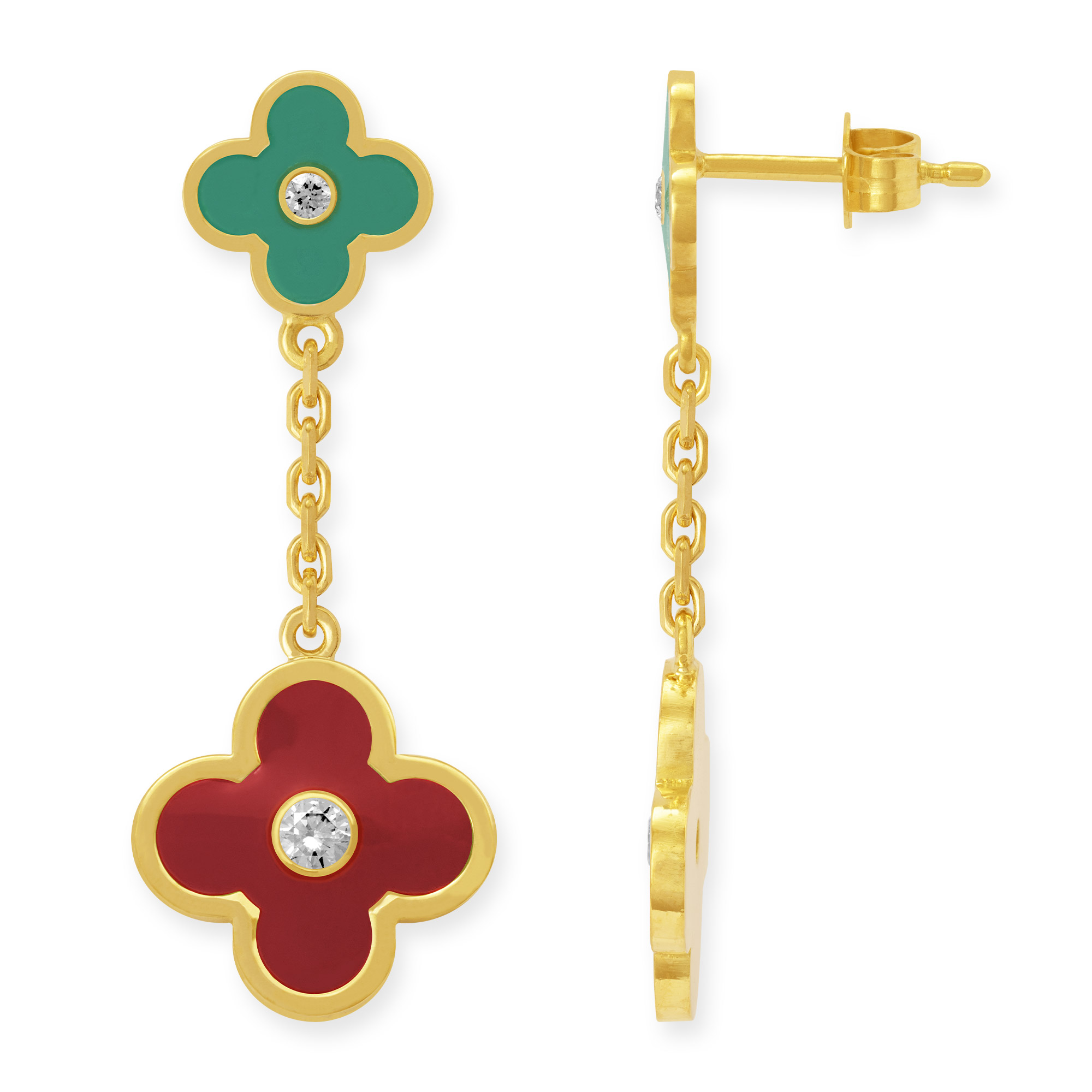 Ohrstecker hängend mit zwei grünen und roten Blumen