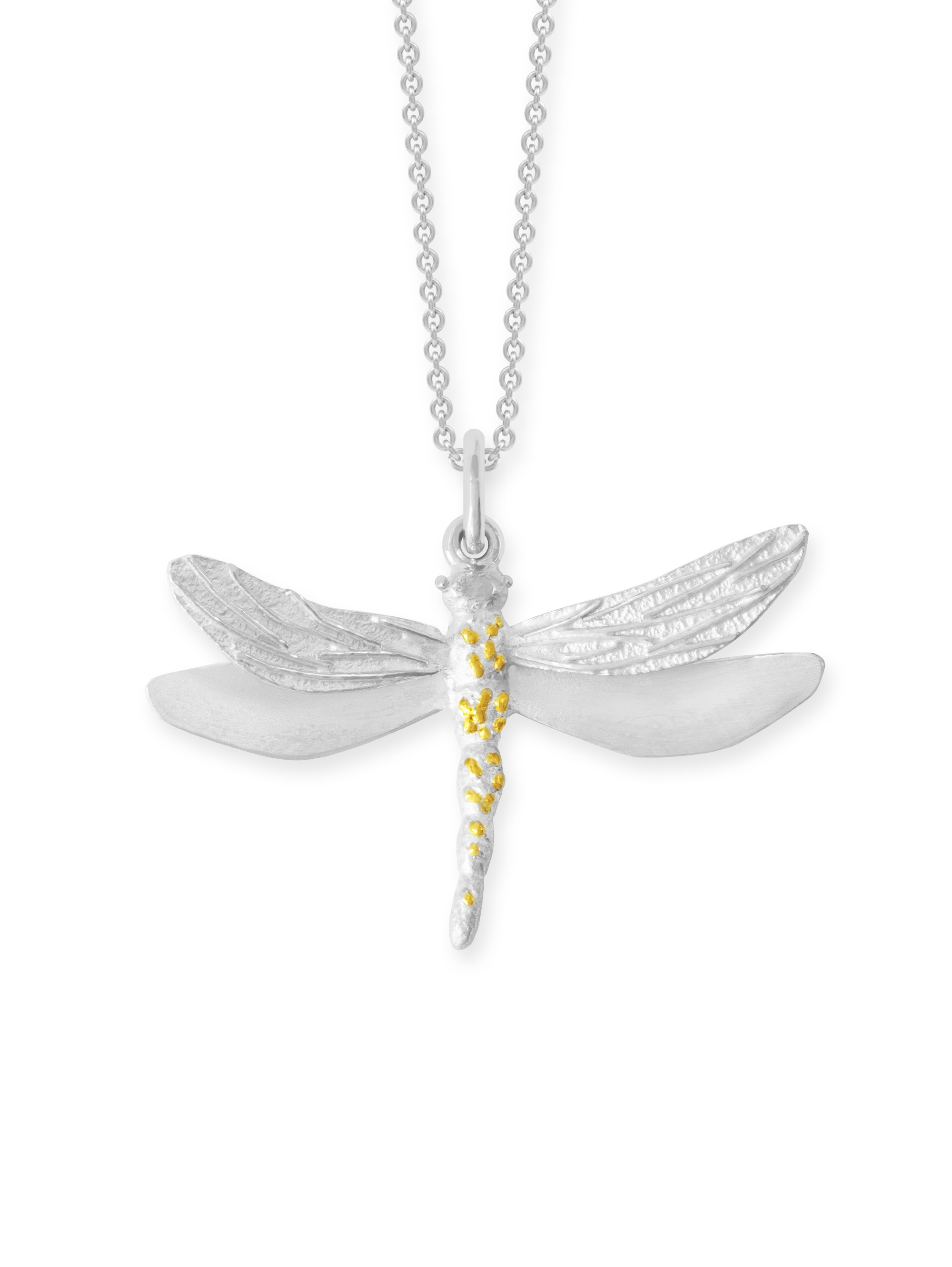 Anhänger in Form einer Libelle aus 925 Silber und feine Verzierungen aus 999 Feingold (24 Karat). Vorderansicht.