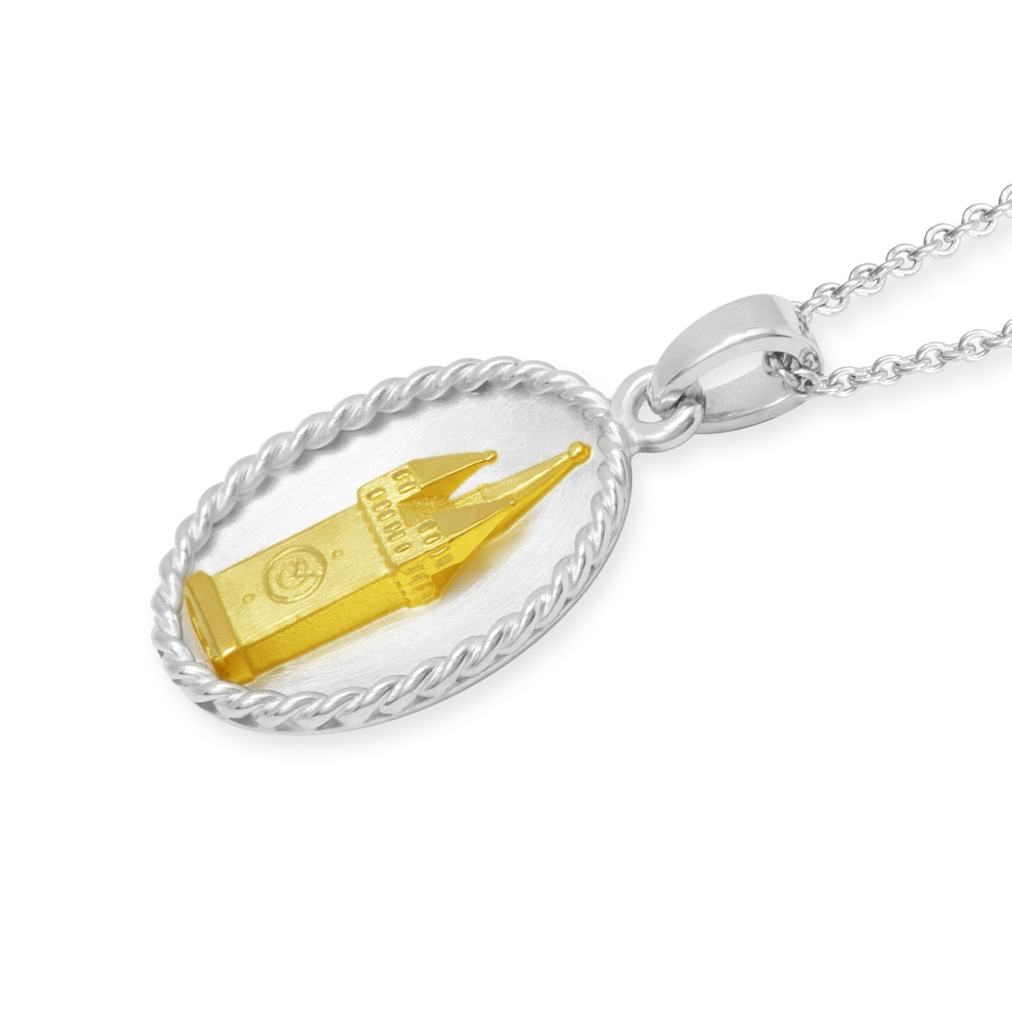 Bicolor Anhänger mit Stadtturm aus Straubing aus Gelbgold und Silber rhodiniert
