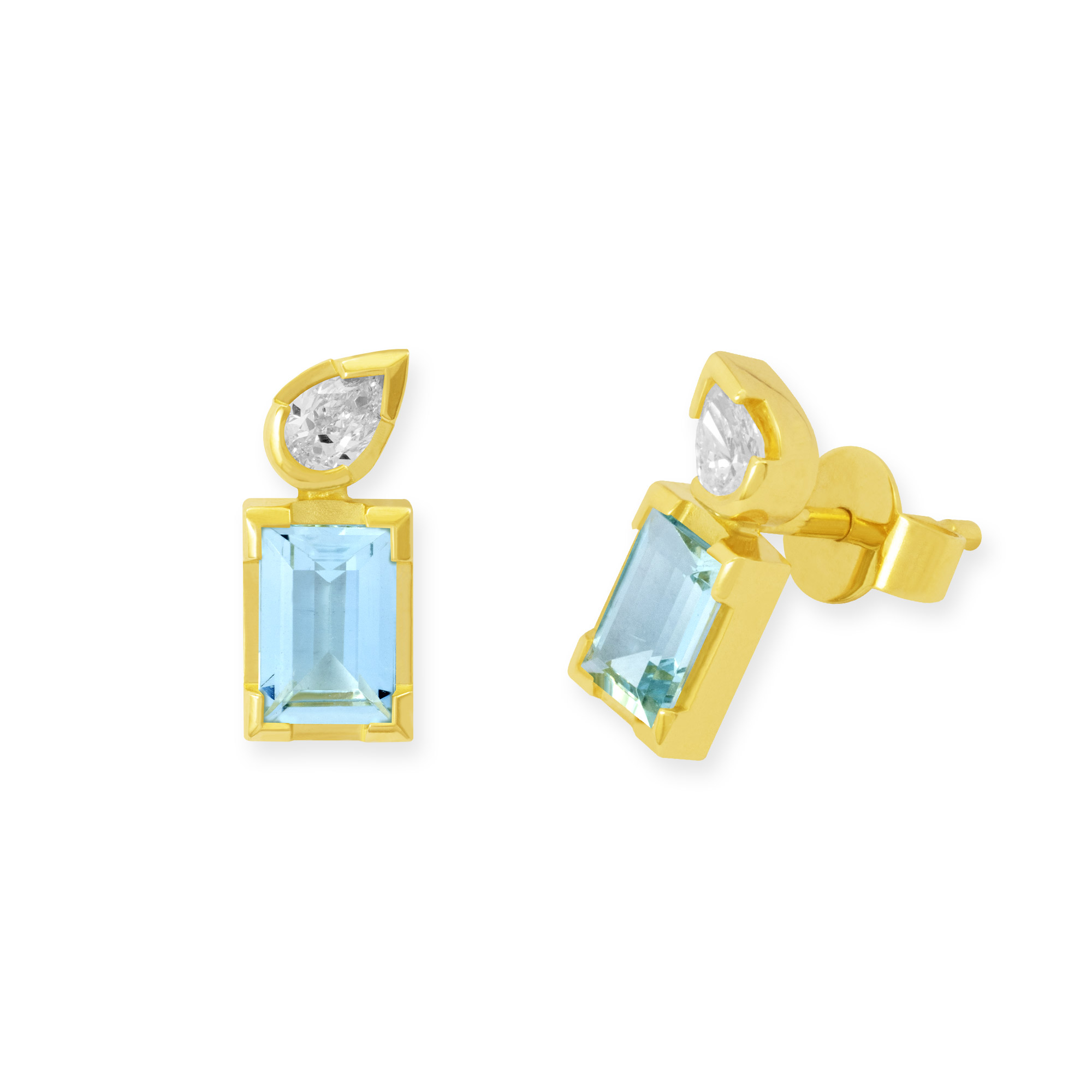 Ohrstecker aus Gelbgold mit Aquamarin und Diamant in Tropfe-Schliff