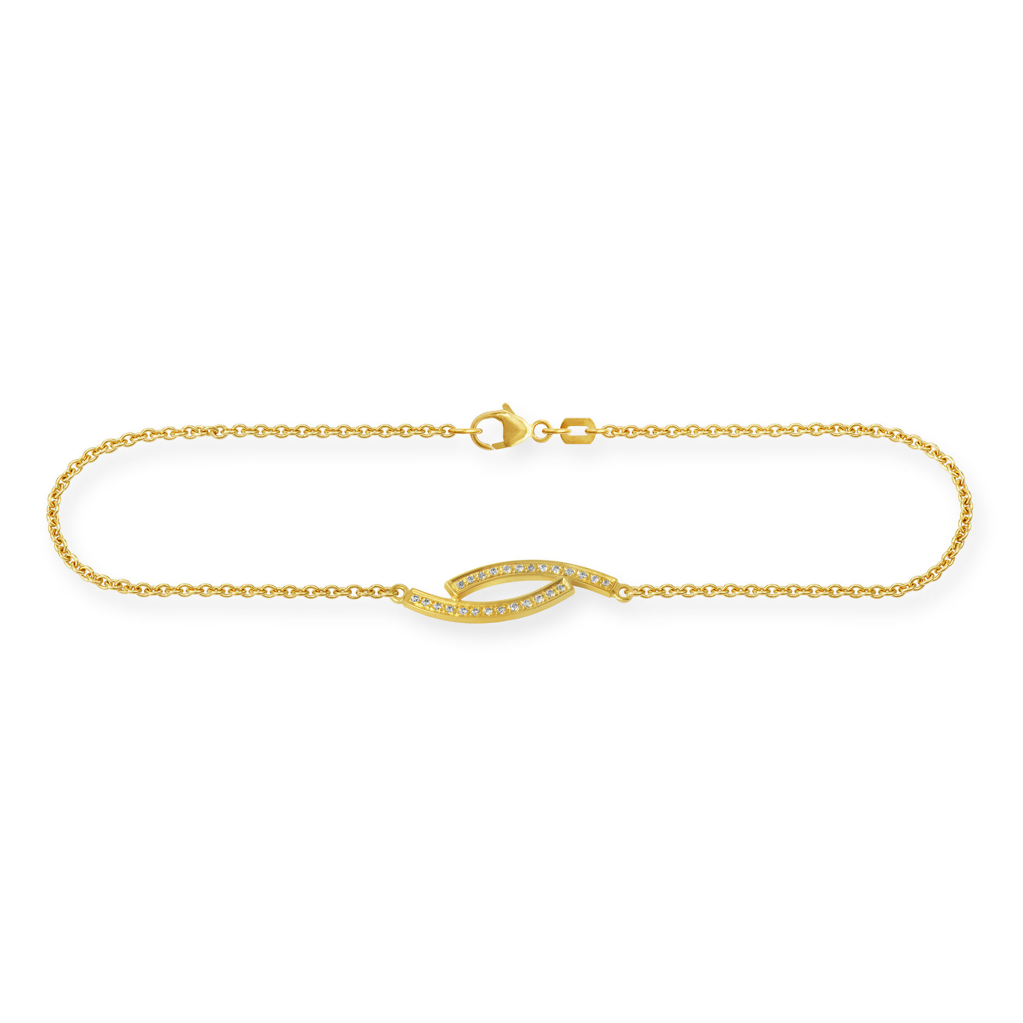 Feines Gliederarmband aus 750 Gelbgold (18 Karat) mit zwei Bögen, die mit 26 Brillanten besetzt sind. Das Armband hat einen Karabinerverschluss.