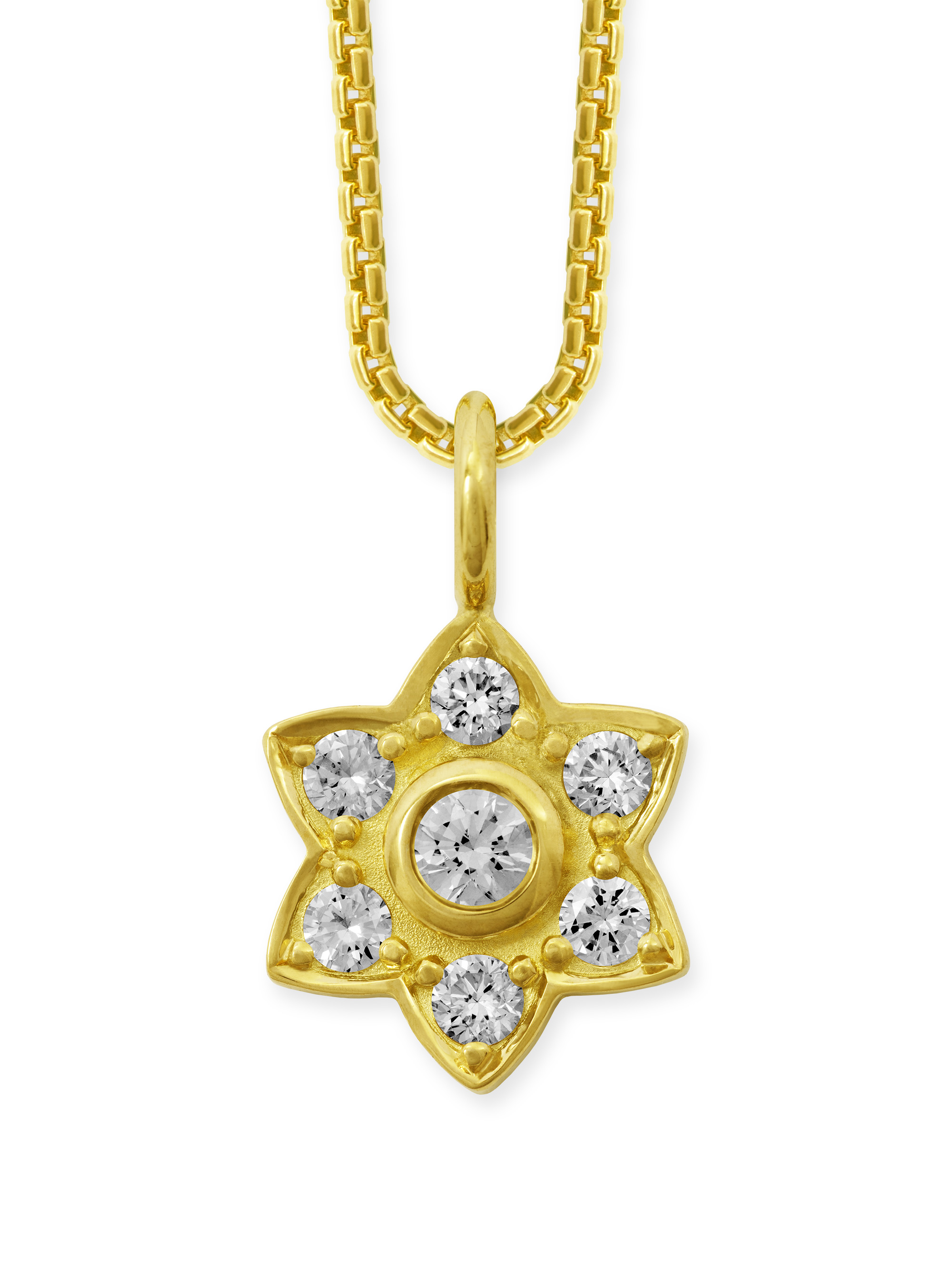 Sternförmiger Anhänger aus 750 Gelbgold und 7 Brillanten. Vorderansicht. Der Anhänger gehört zur Gruppe Flowerstar.